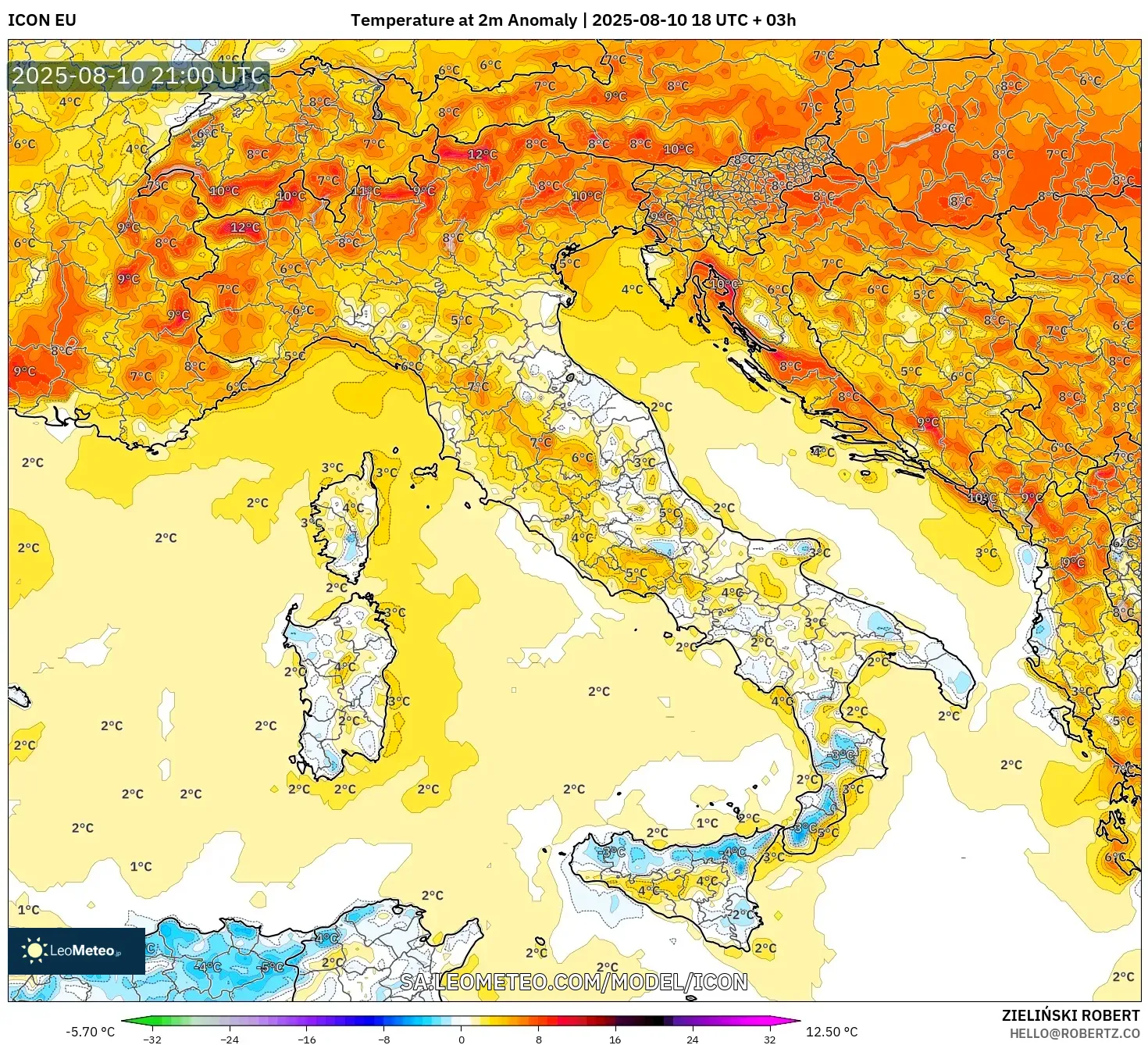 ICON model - Italy, Temperature at 2m Anomaly