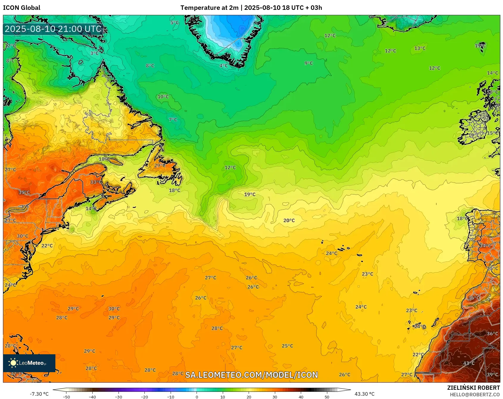 ICON model - North Atlantic, Temperature at 2m ICON model - North Atlantic, Temperature at 2m