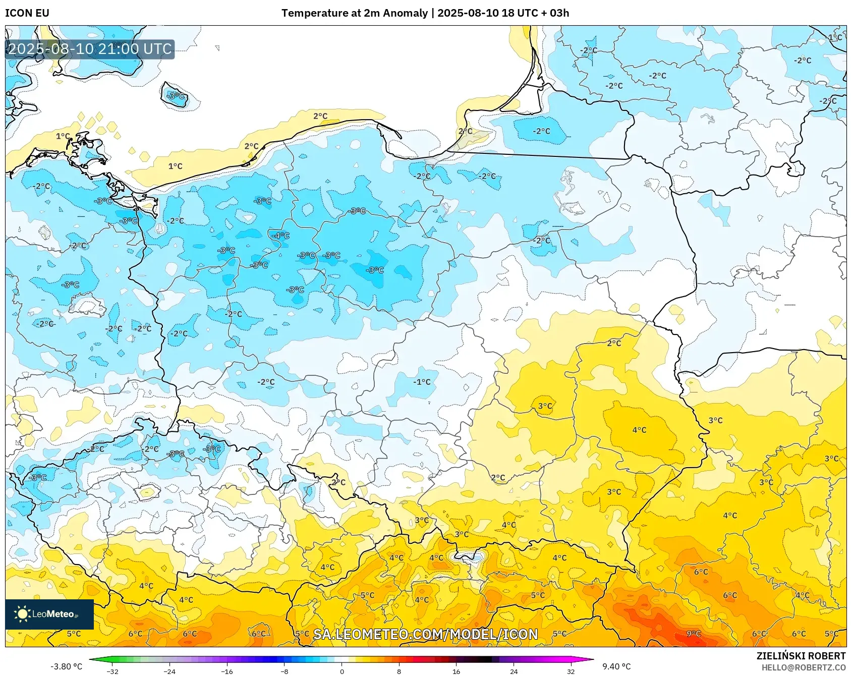 ICON model - Poland, Temperature at 2m Anomaly