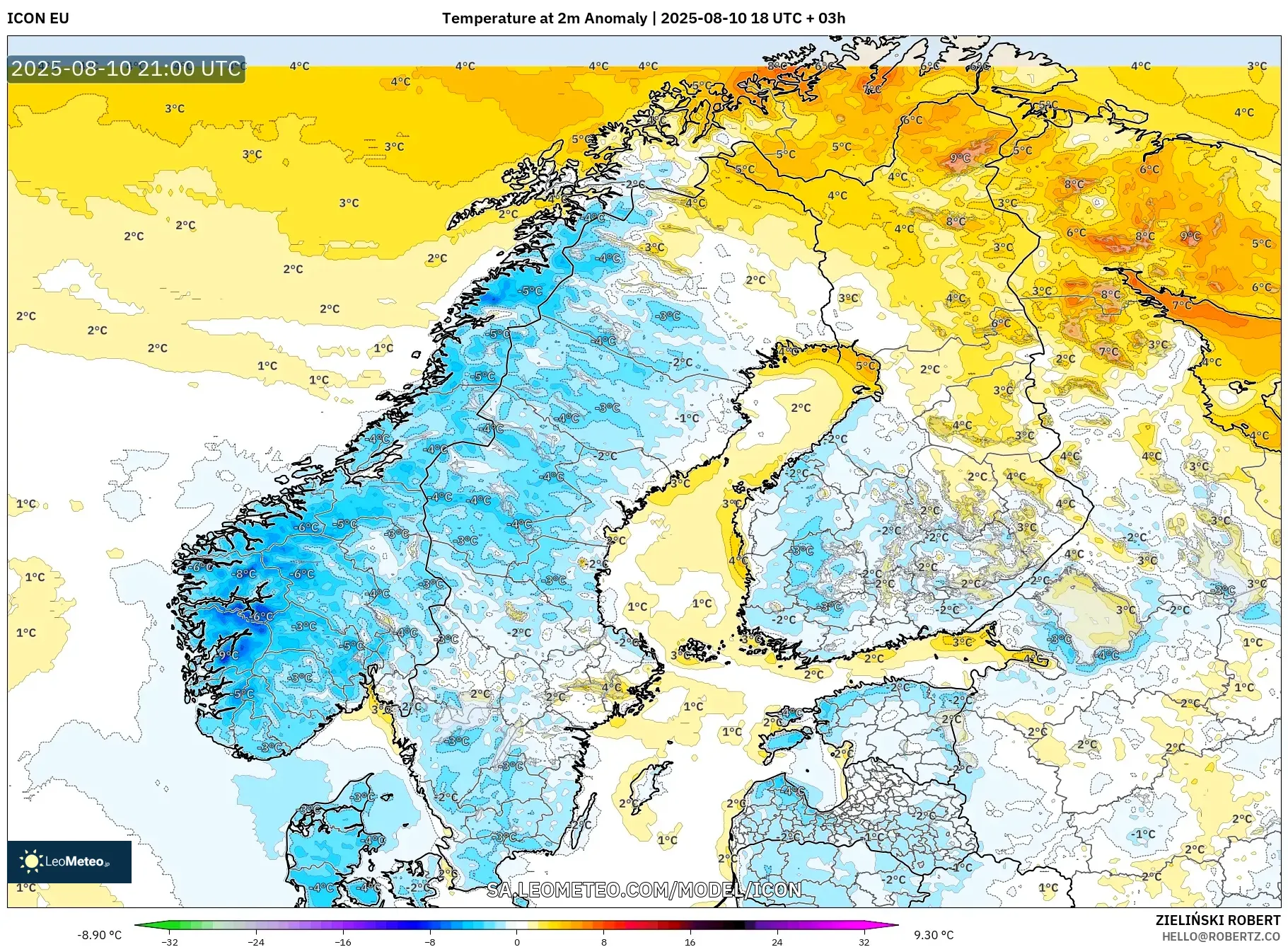 ICON model - Scandinavia, Temperature at 2m Anomaly