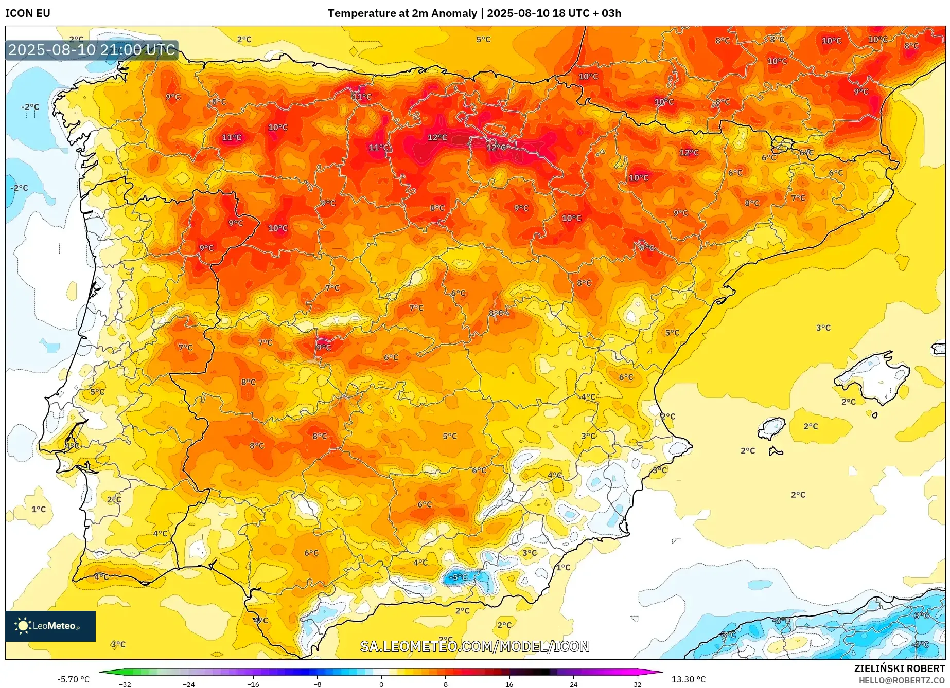 ICON model - Spain, Temperature at 2m Anomaly