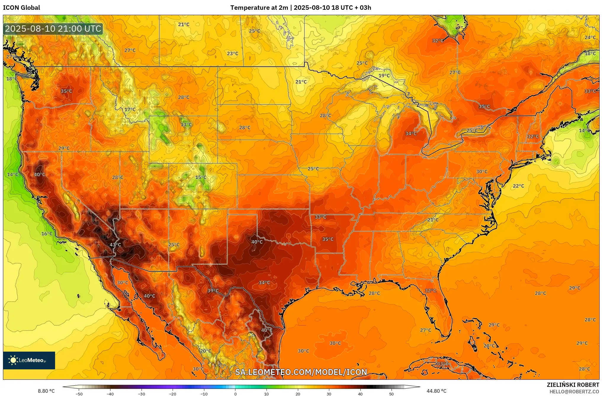 ICON model - United States, Temperature at 2m