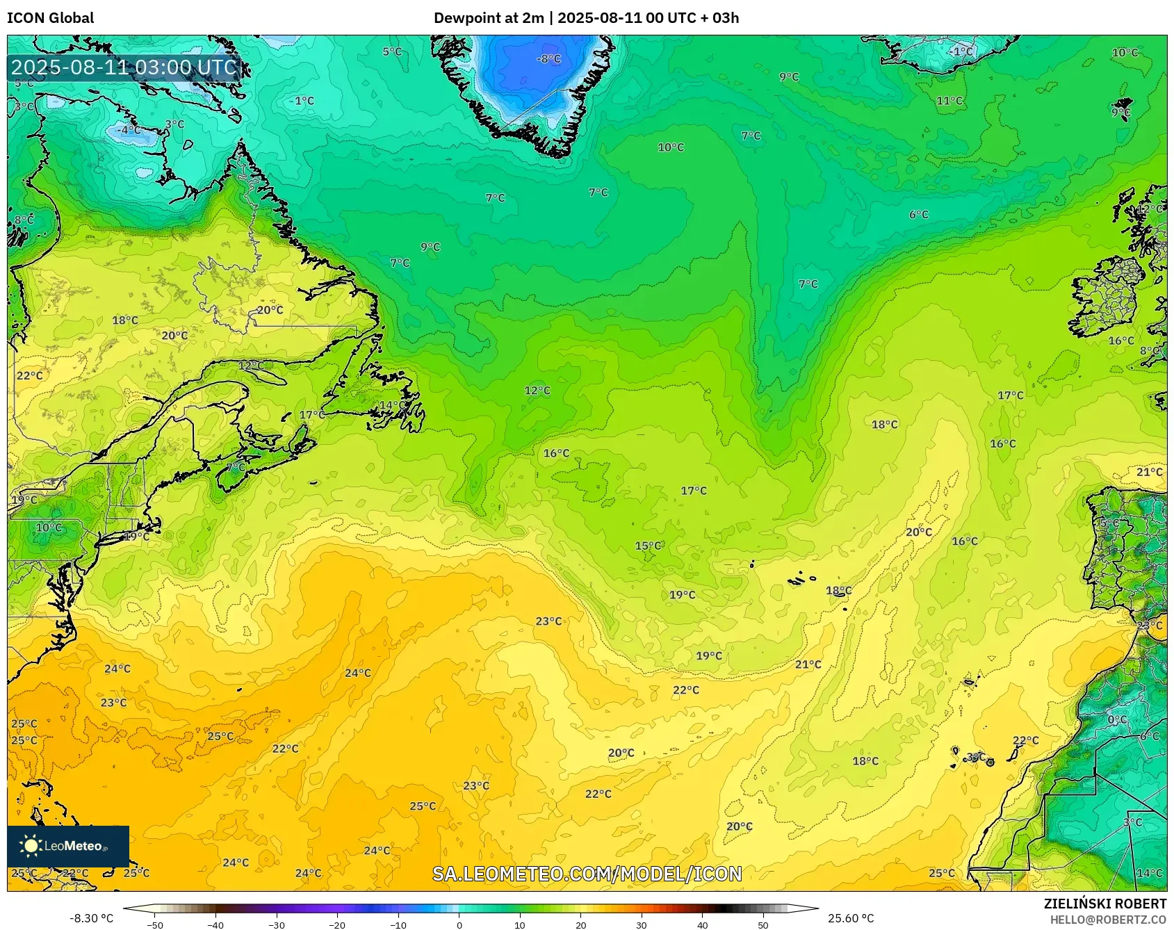 ICON model - North Atlantic, Dewpoint at 2m