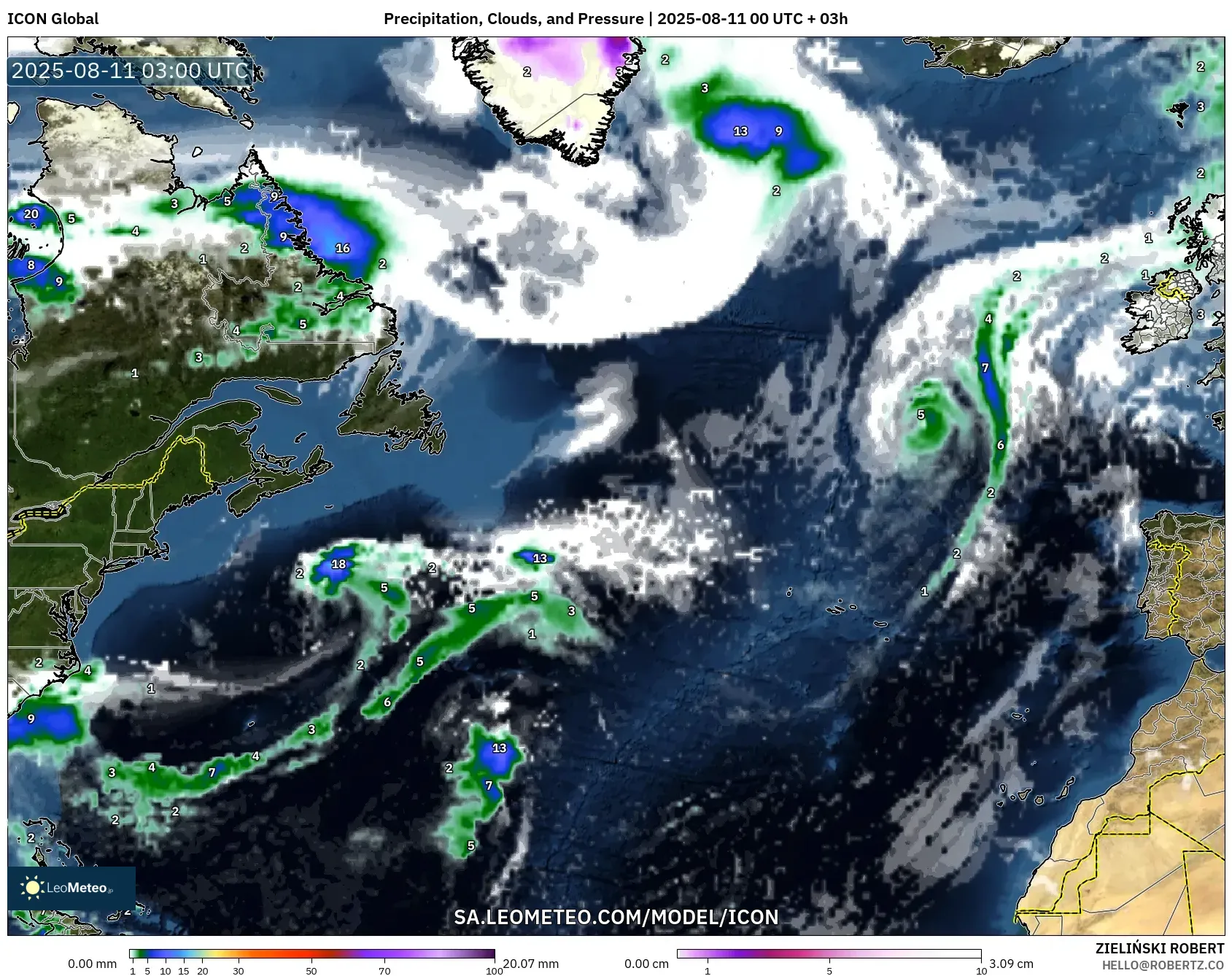 ICON model - North Atlantic, Precipitation, Clouds, and Pressure