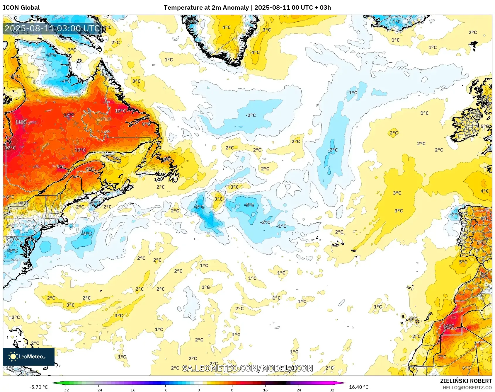 ICON model - North Atlantic, Temperature at 2m Anomaly ICON model - North Atlantic, Temperature at 2m Anomaly