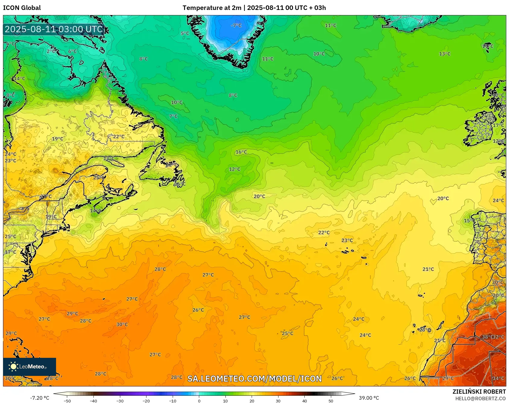 ICON model - North Atlantic, Temperature at 2m ICON model - North Atlantic, Temperature at 2m