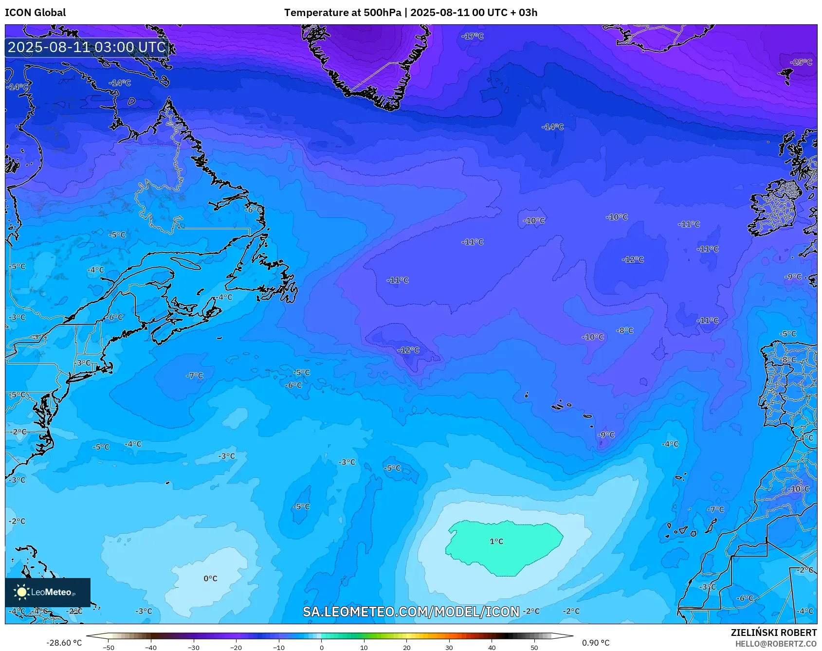 ICON model - North Atlantic, Temperature at 500hPa