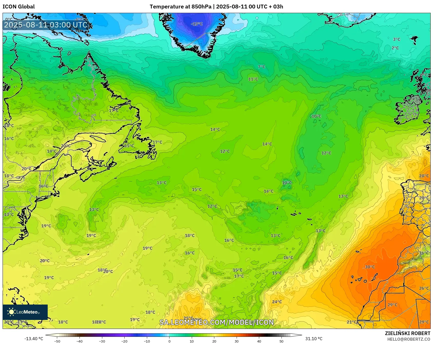 ICON model - North Atlantic, Temperature at 850hPa ICON model - North Atlantic, Temperature at 850hPa