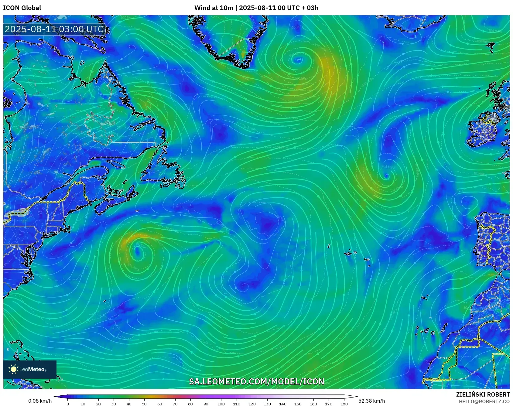 ICON model - North Atlantic, Wind at 10m