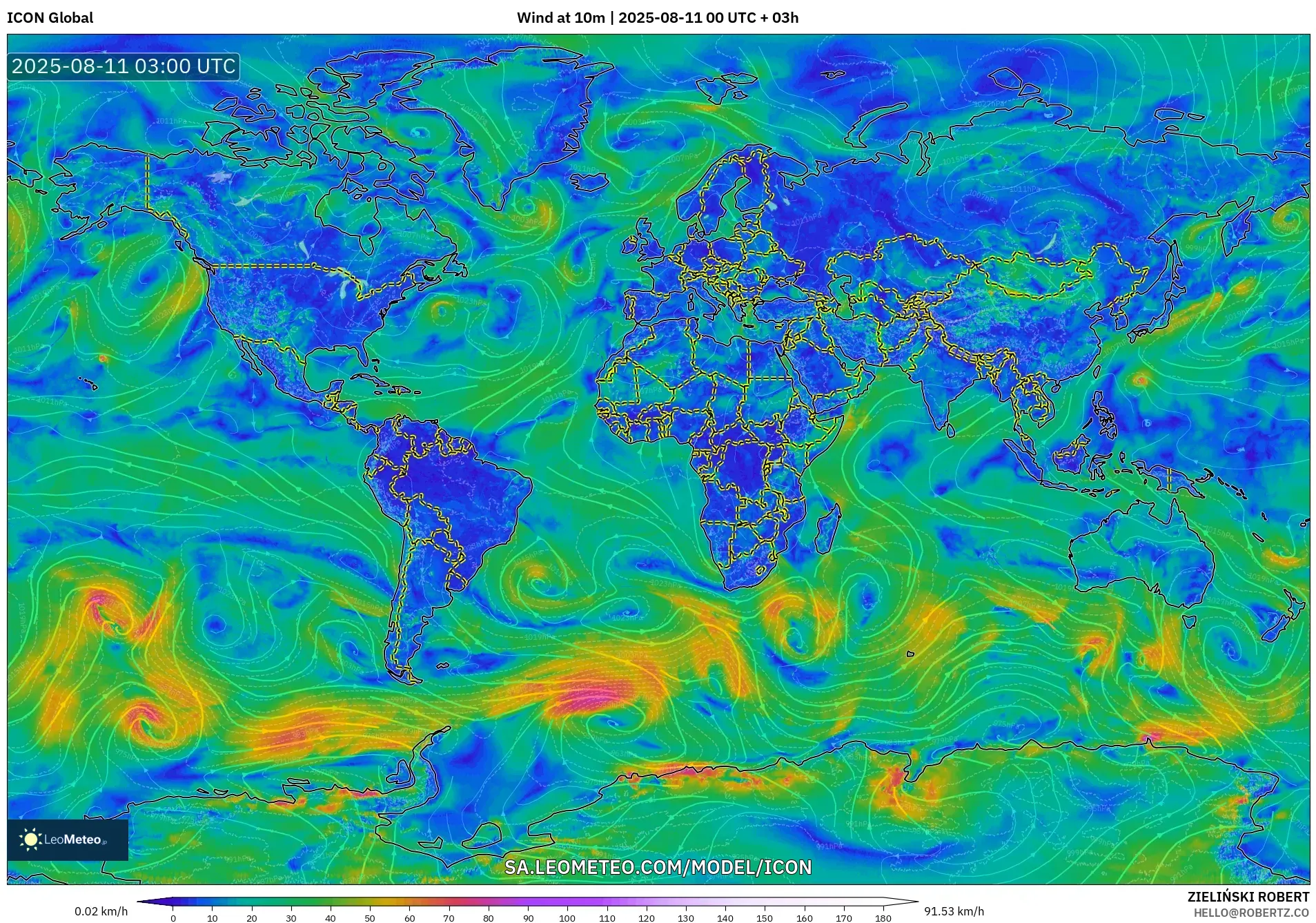 ICON model - World, Wind at 10m
