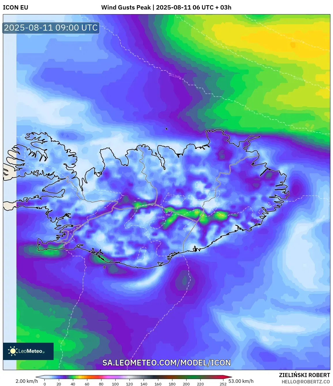 ICON model - Iceland, Wind Gusts Peak