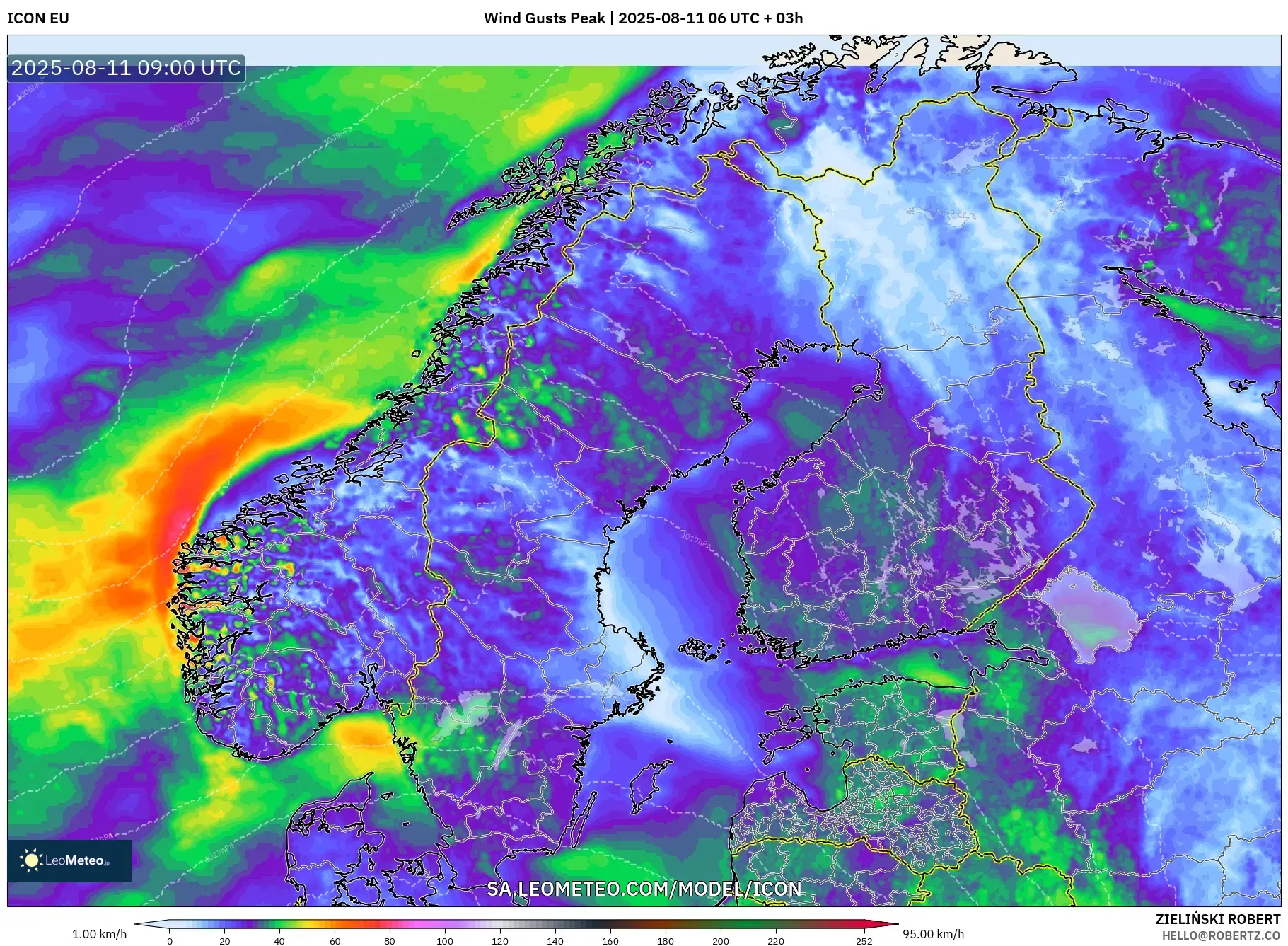 ICON model - Scandinavia, Wind Gusts Peak