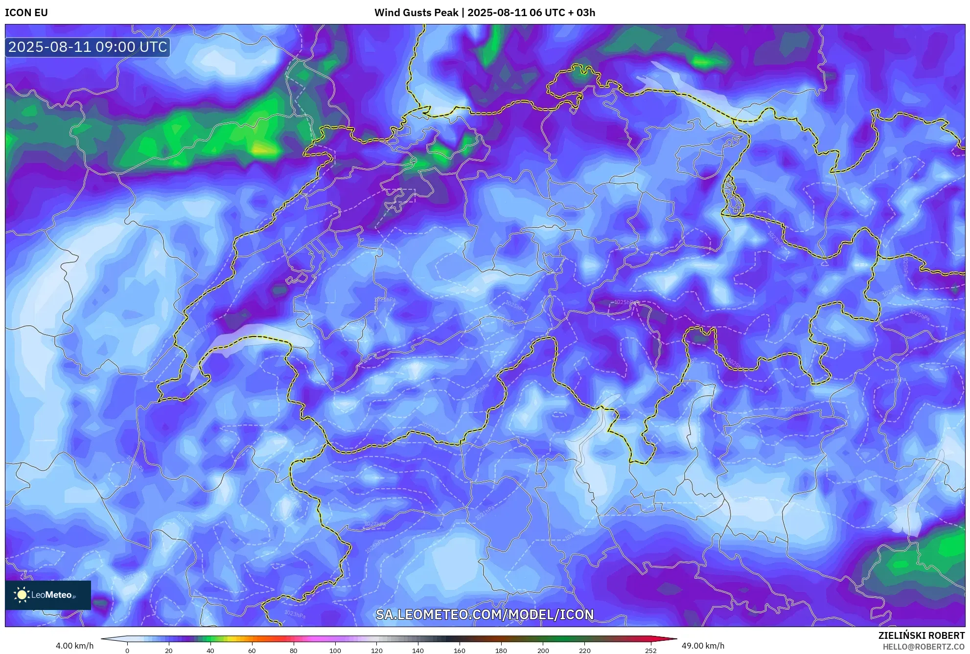 ICON model - Switzerland, Wind Gusts Peak