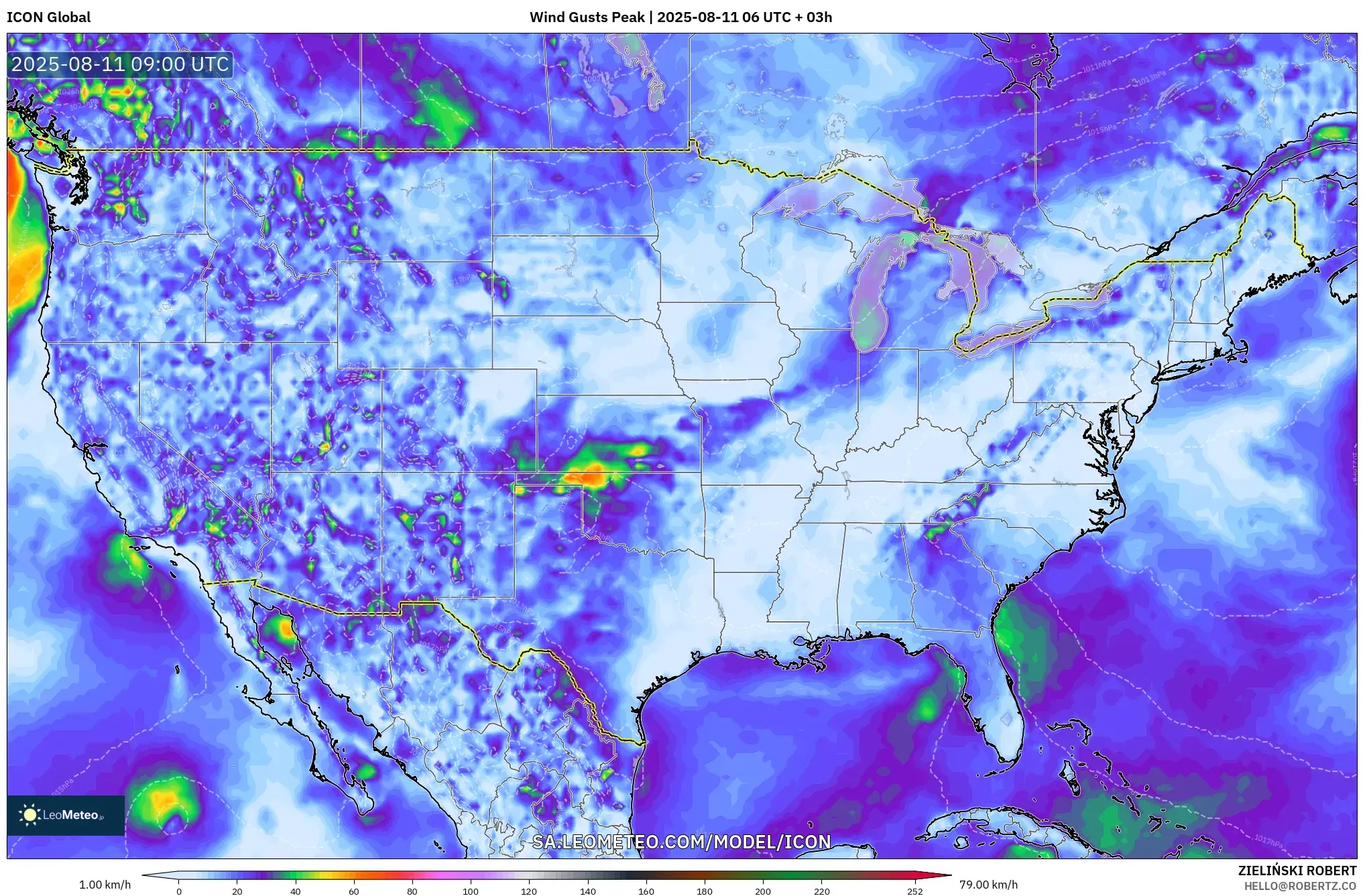 ICON model - United States, Wind Gusts Peak