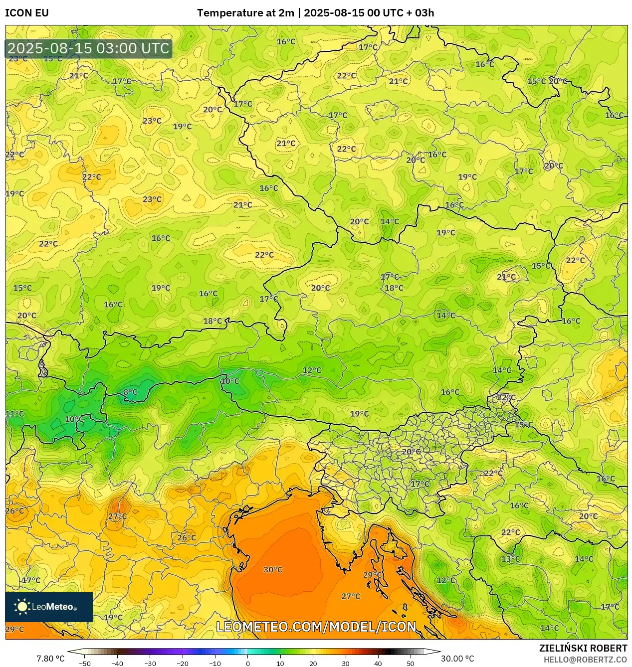 ICON model - Austria, Temperature at 2m