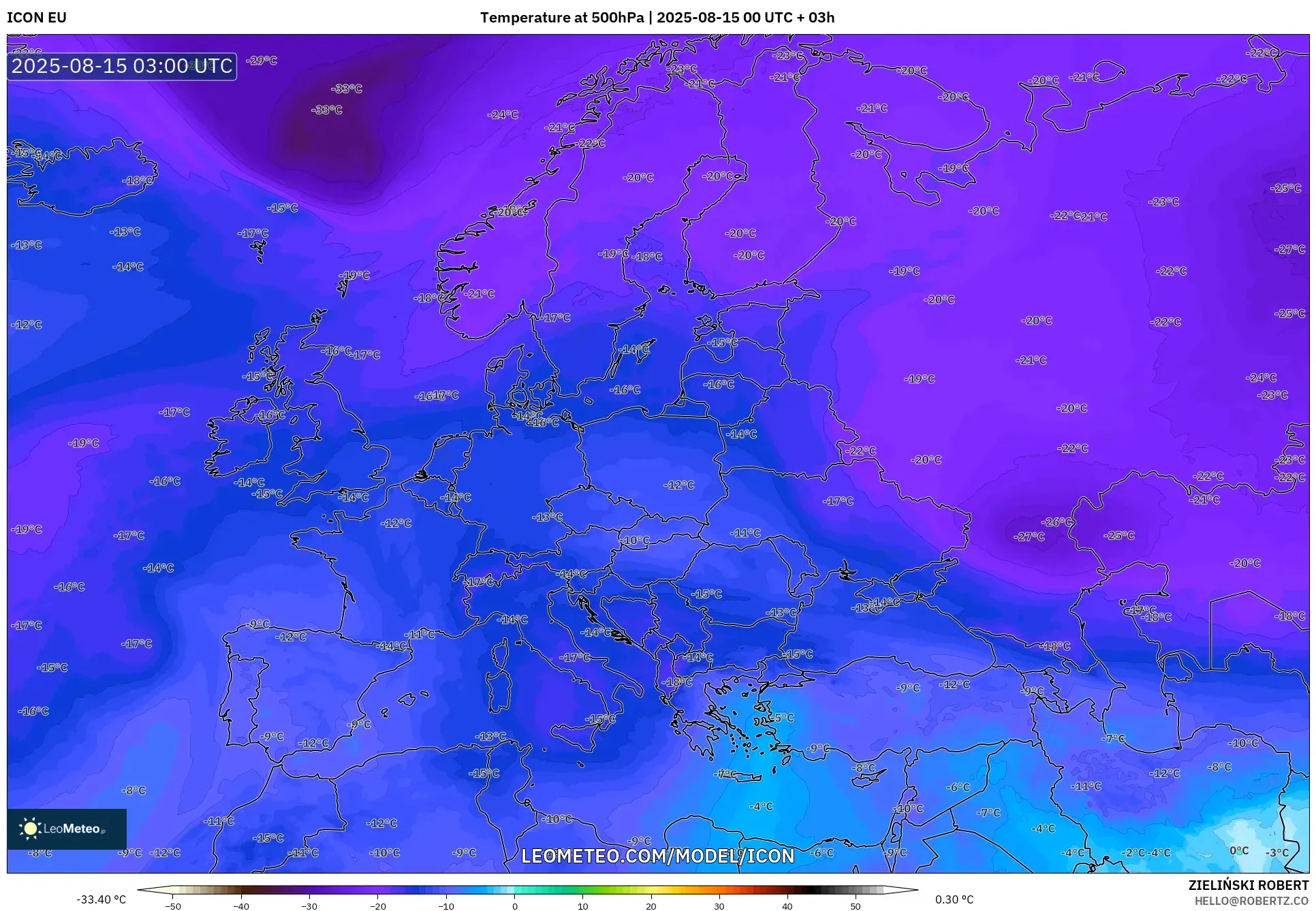 ICON model - Europe, Temperature at 500hPa