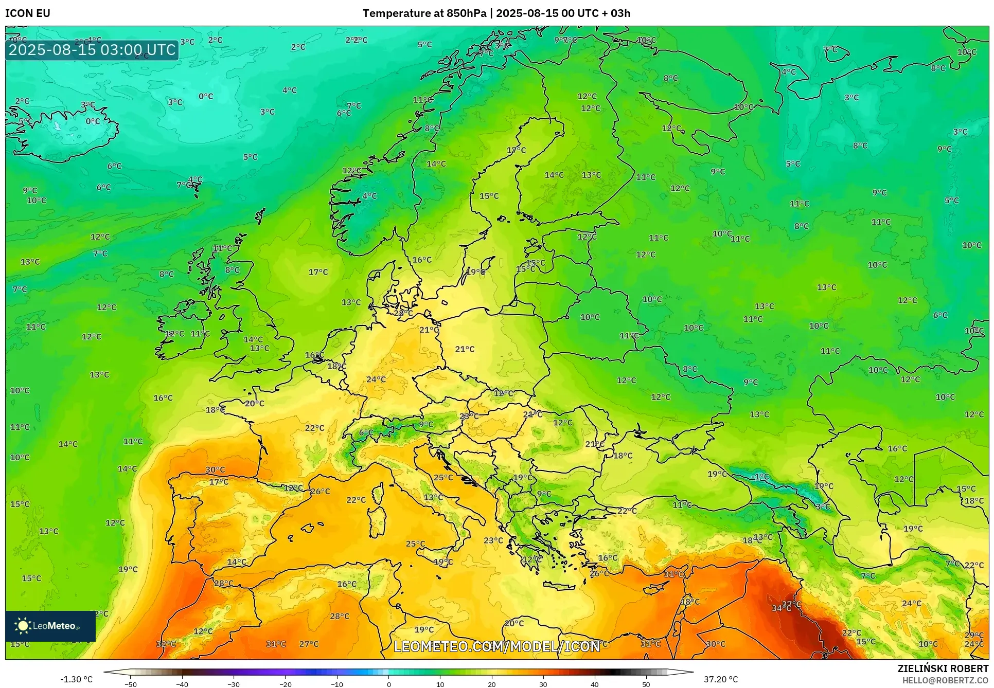 ICON model - Europe, Temperature at 850hPa