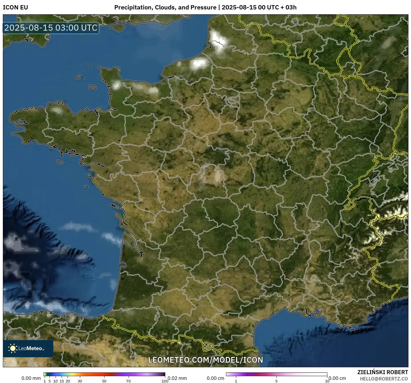 ICON model - France, Precipitation, Clouds, and Pressure
