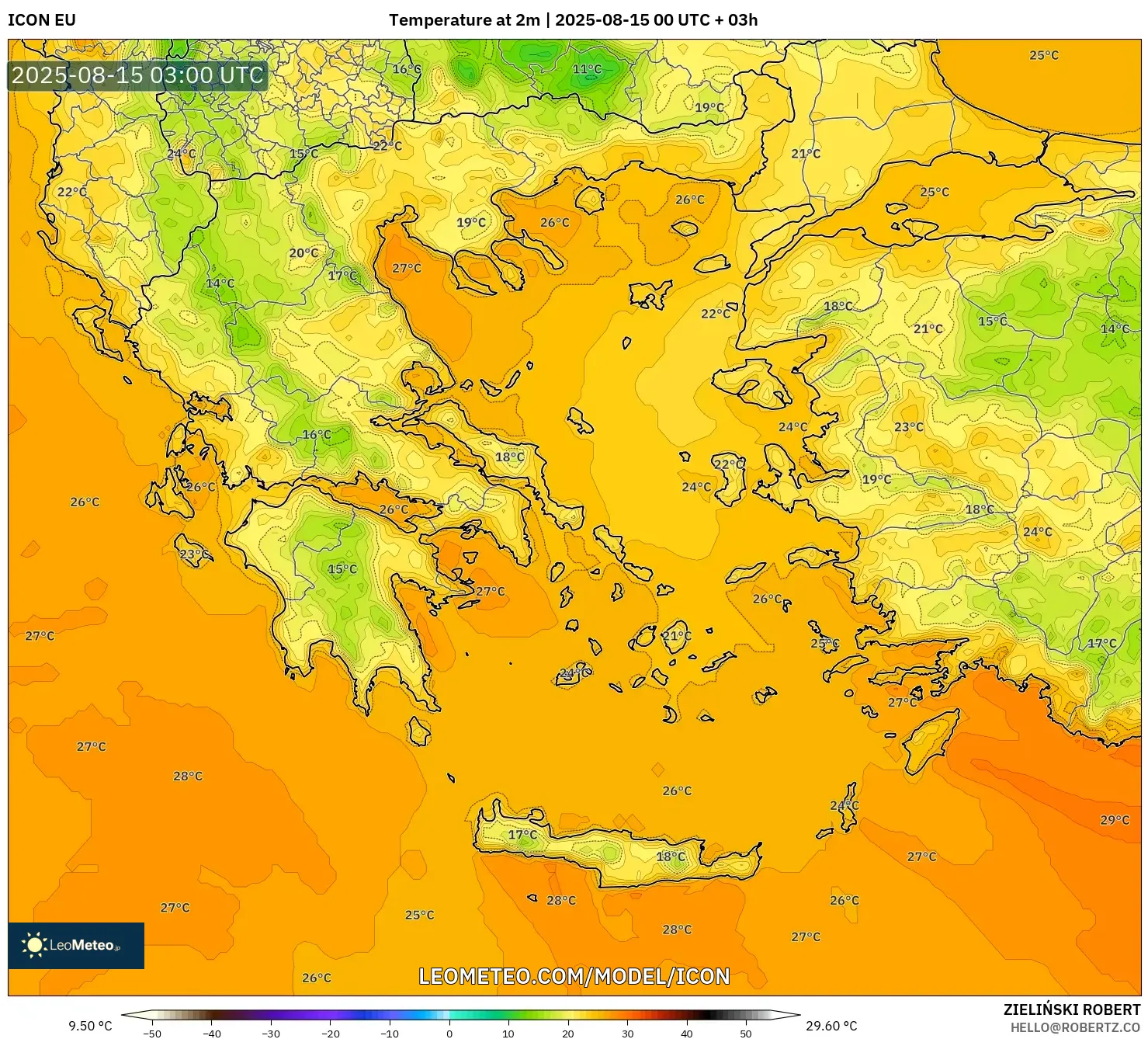 ICON model - Greece, Temperature at 2m