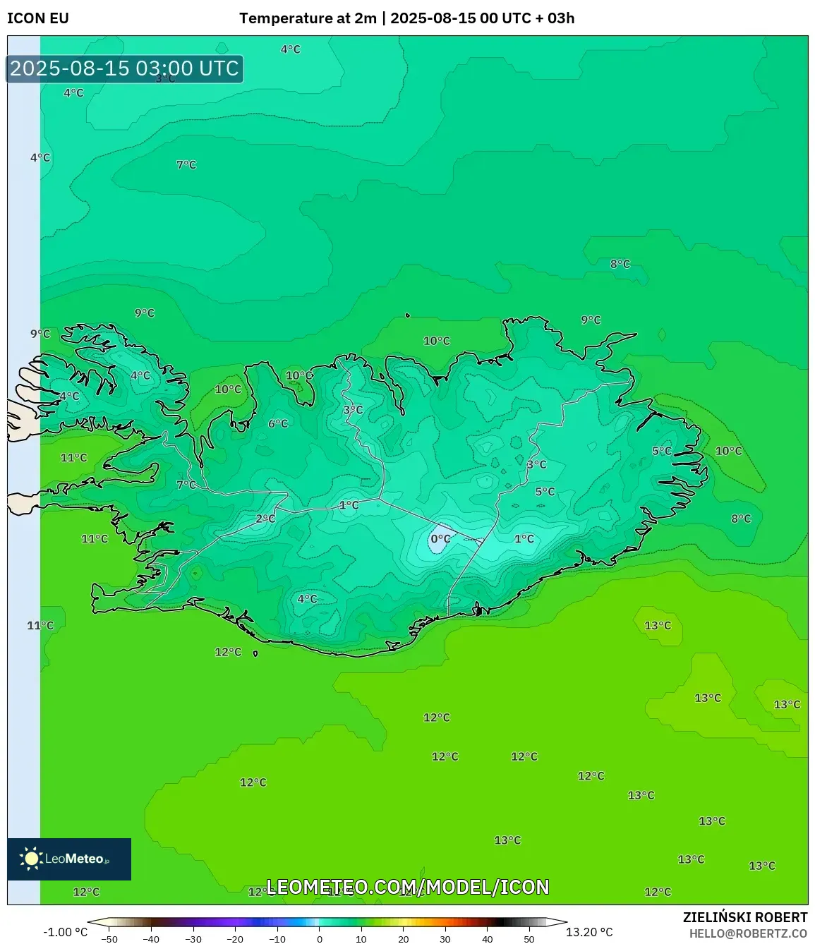 ICON model - Iceland, Temperature at 2m