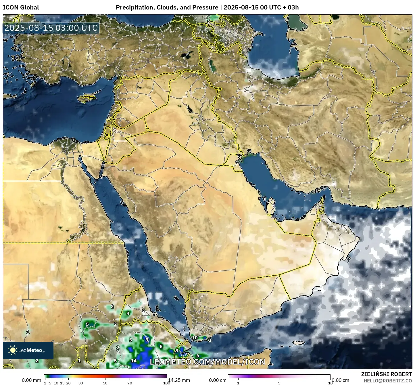 ICON model - Middle East, Precipitation, Clouds, and Pressure