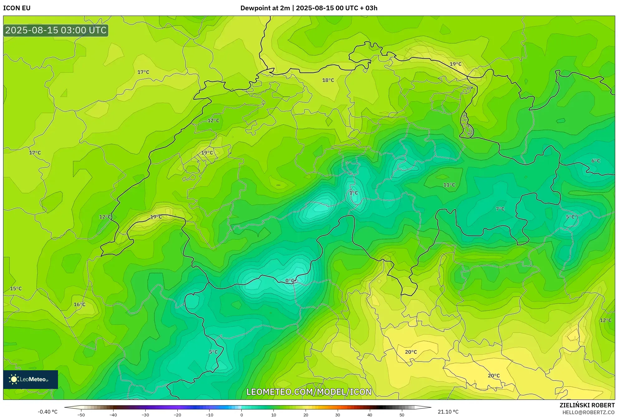 ICON model - Switzerland, Dewpoint at 2m