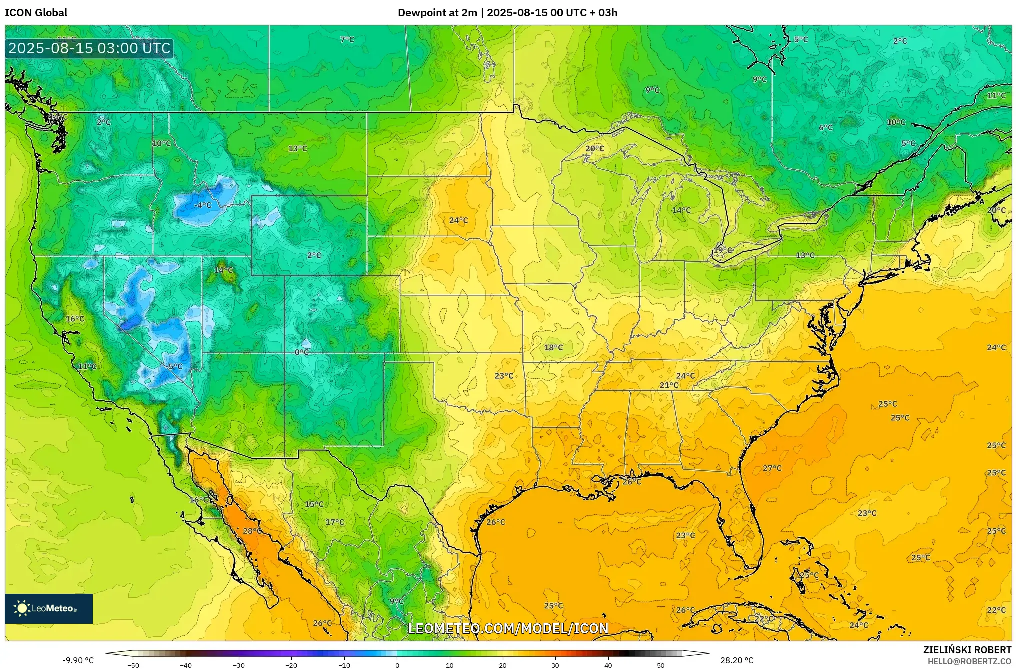 ICON model - United States, Dewpoint at 2m