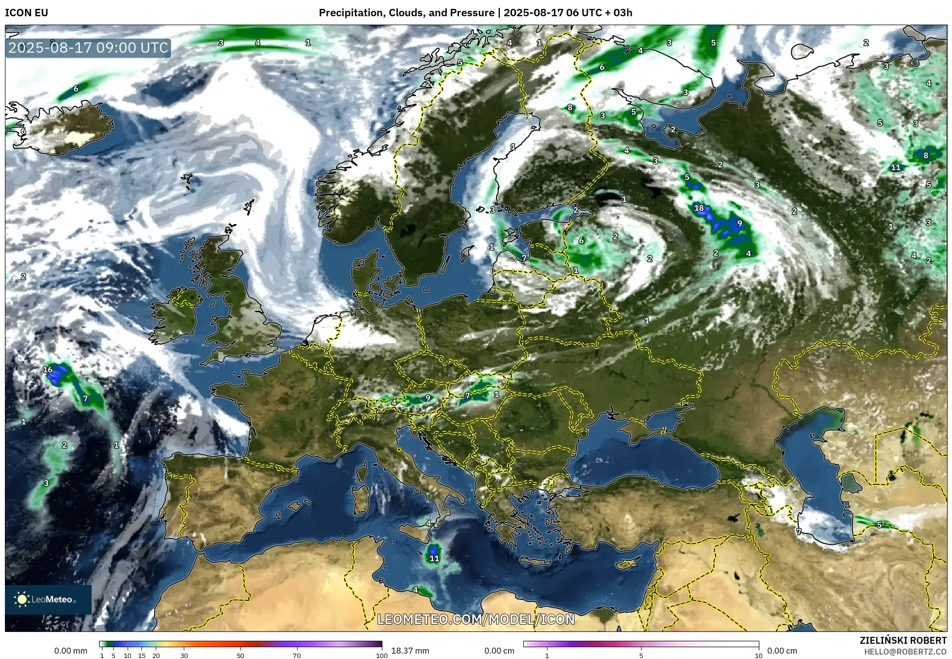ICON model - Europe, Precipitation, Clouds, and Pressure ICON model - Europe, Precipitation, Clouds, and Pressure