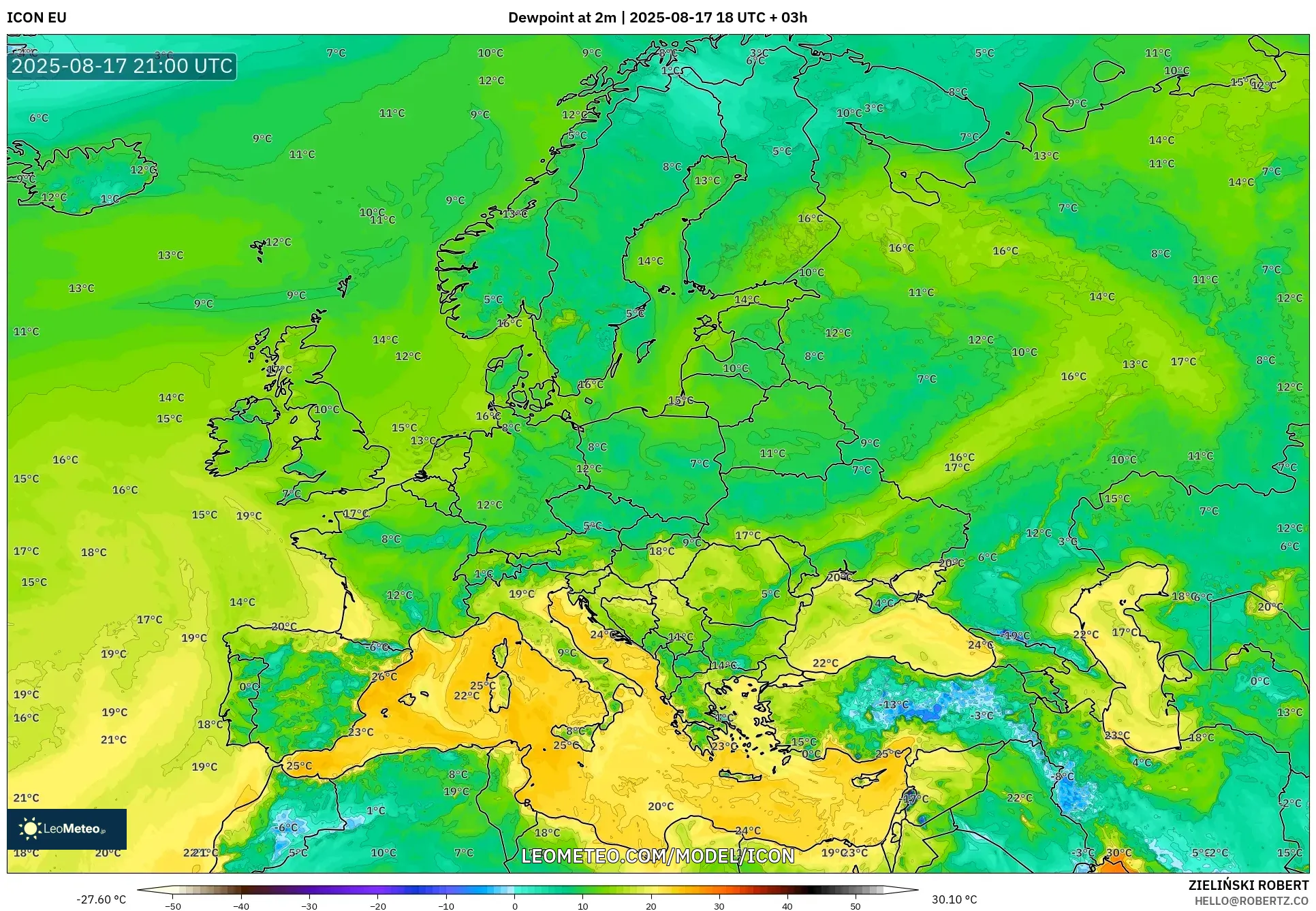 ICON model - Europe, Dewpoint at 2m ICON model - Europe, Dewpoint at 2m