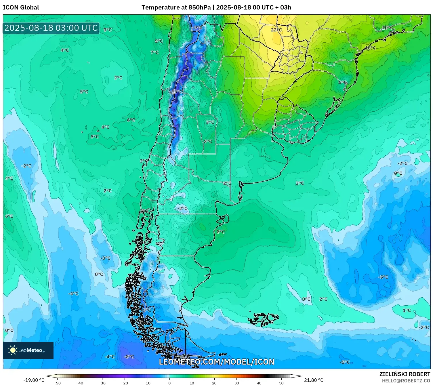 ICON model - Argentina, Temperature at 850hPa