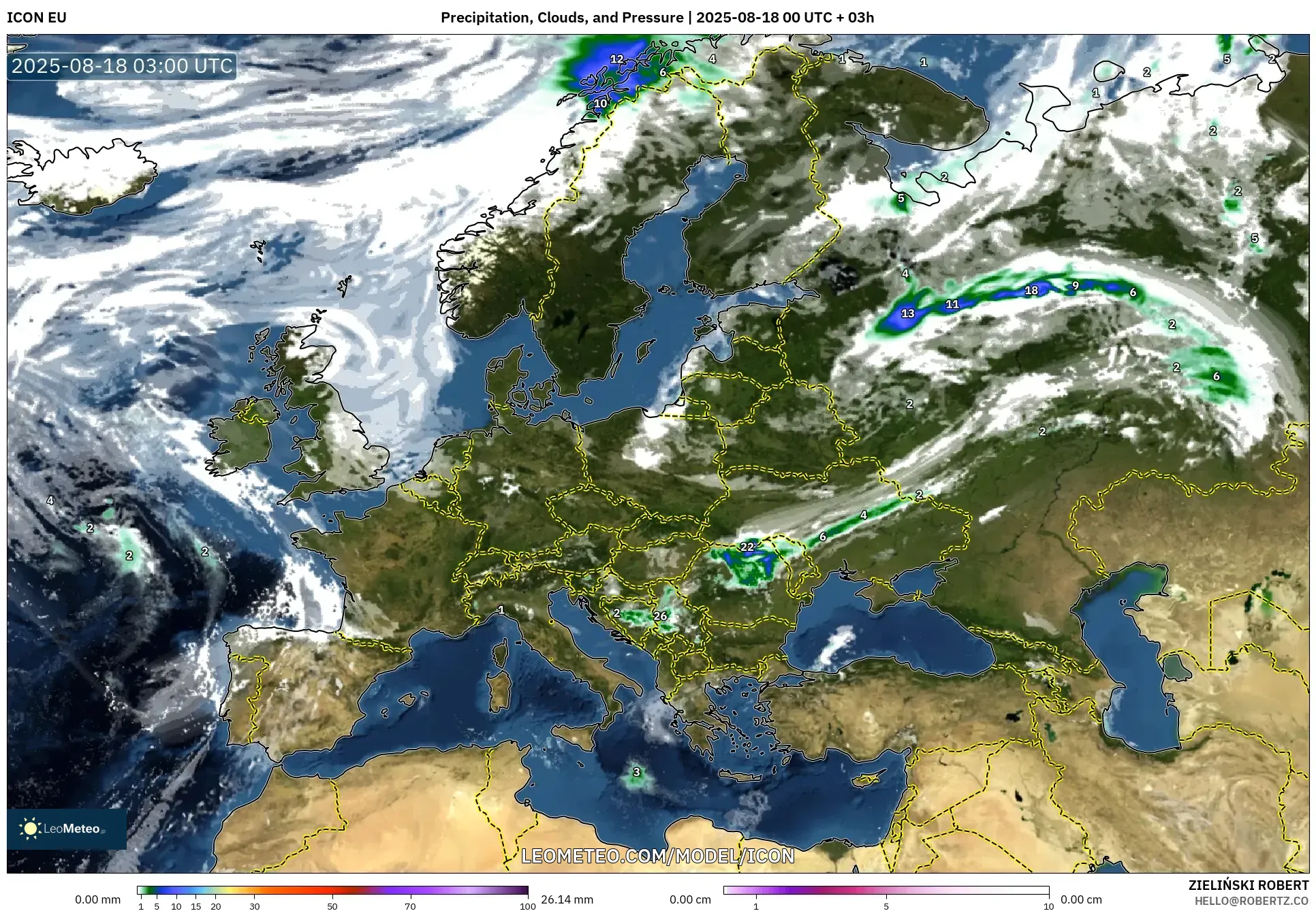 ICON model - Europe, Precipitation, Clouds, and Pressure