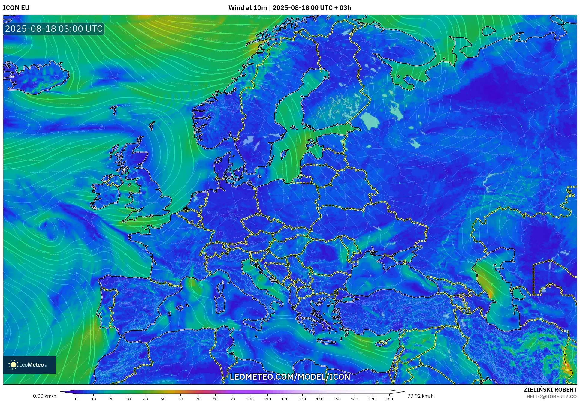 ICON model - Europe, Wind at 10m