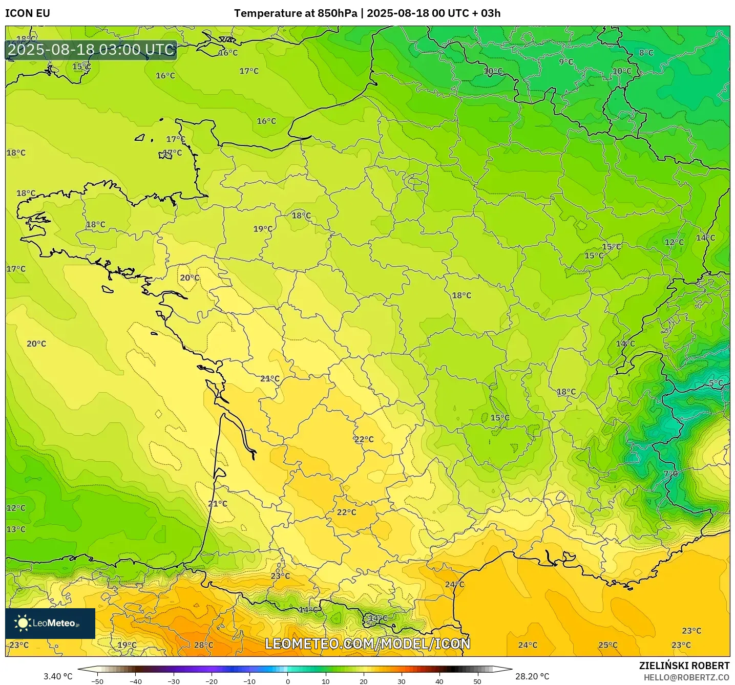 ICON model - France, Temperature at 850hPa