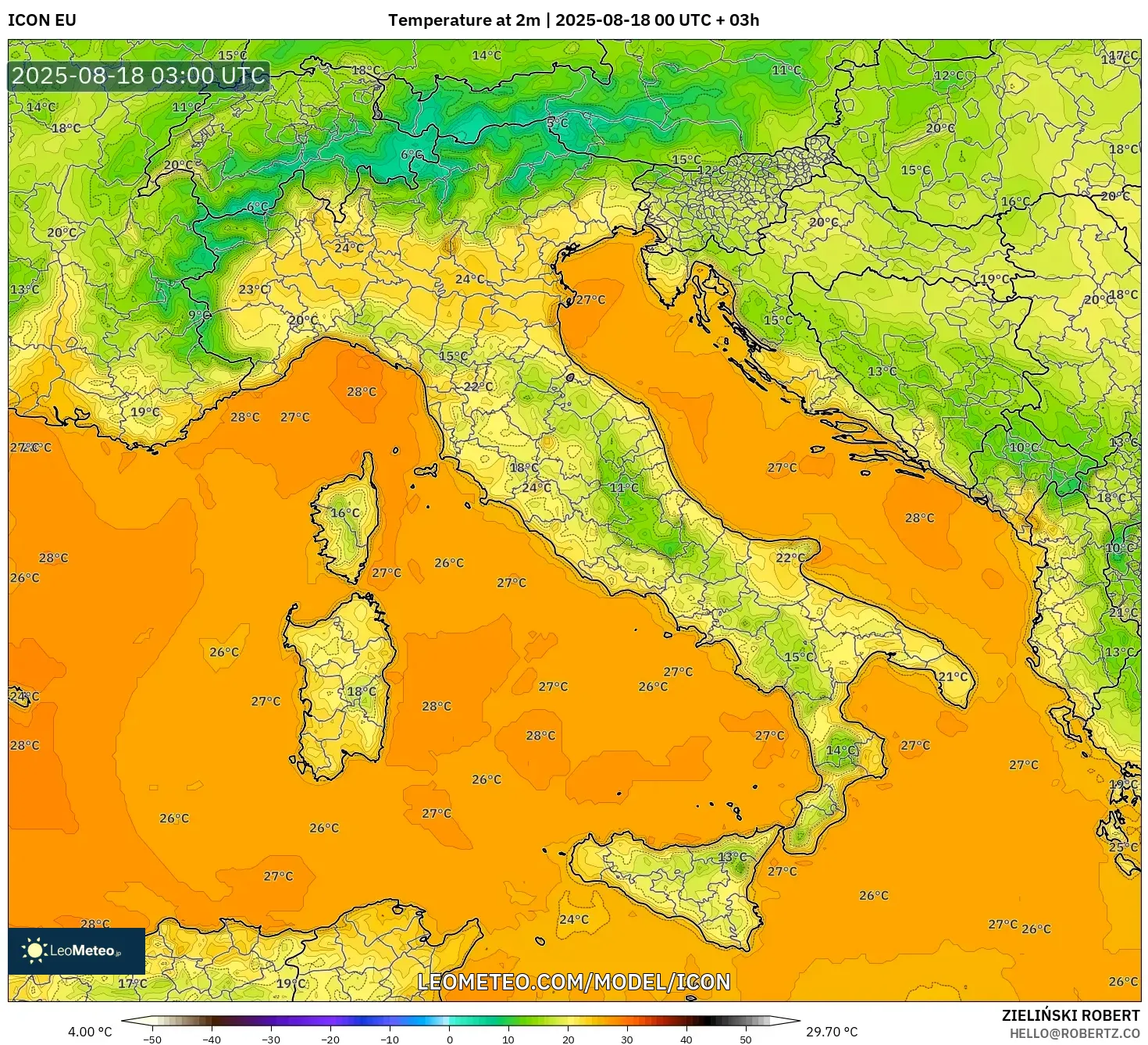 ICON model - Italy, Temperature at 2m