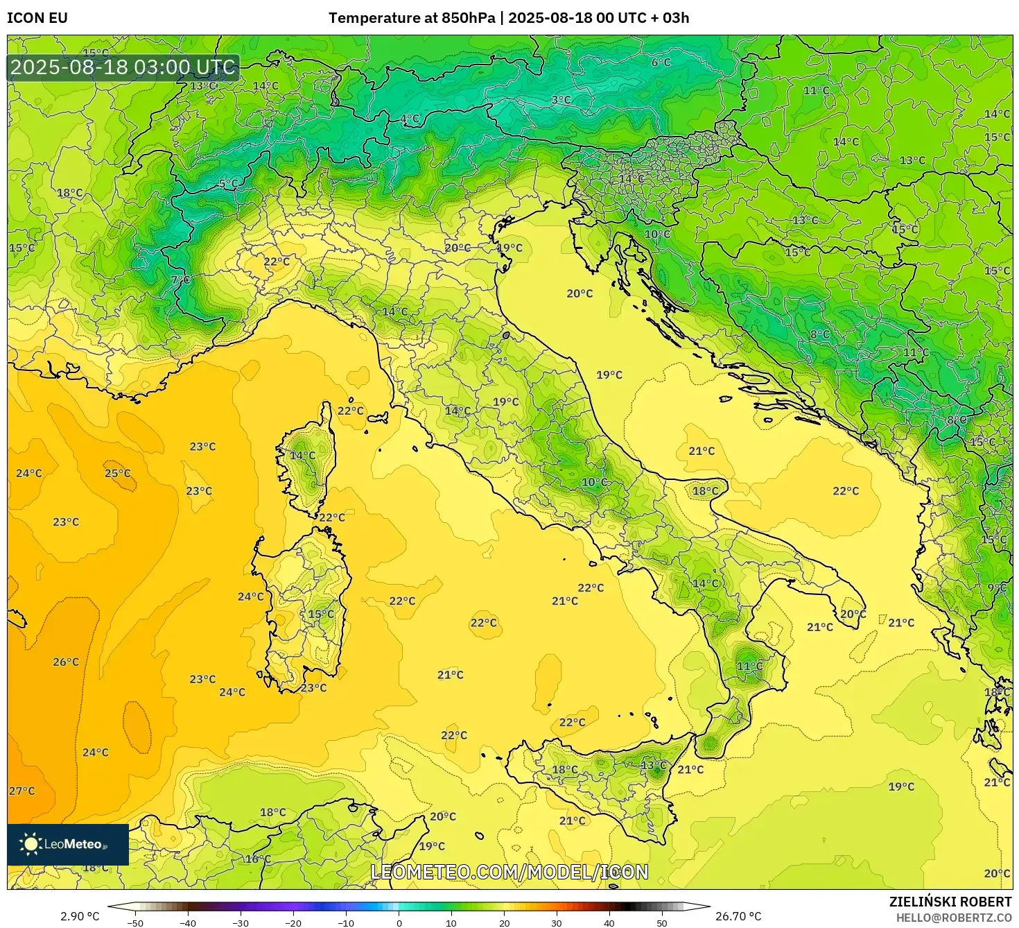 ICON model - Italy, Temperature at 850hPa
