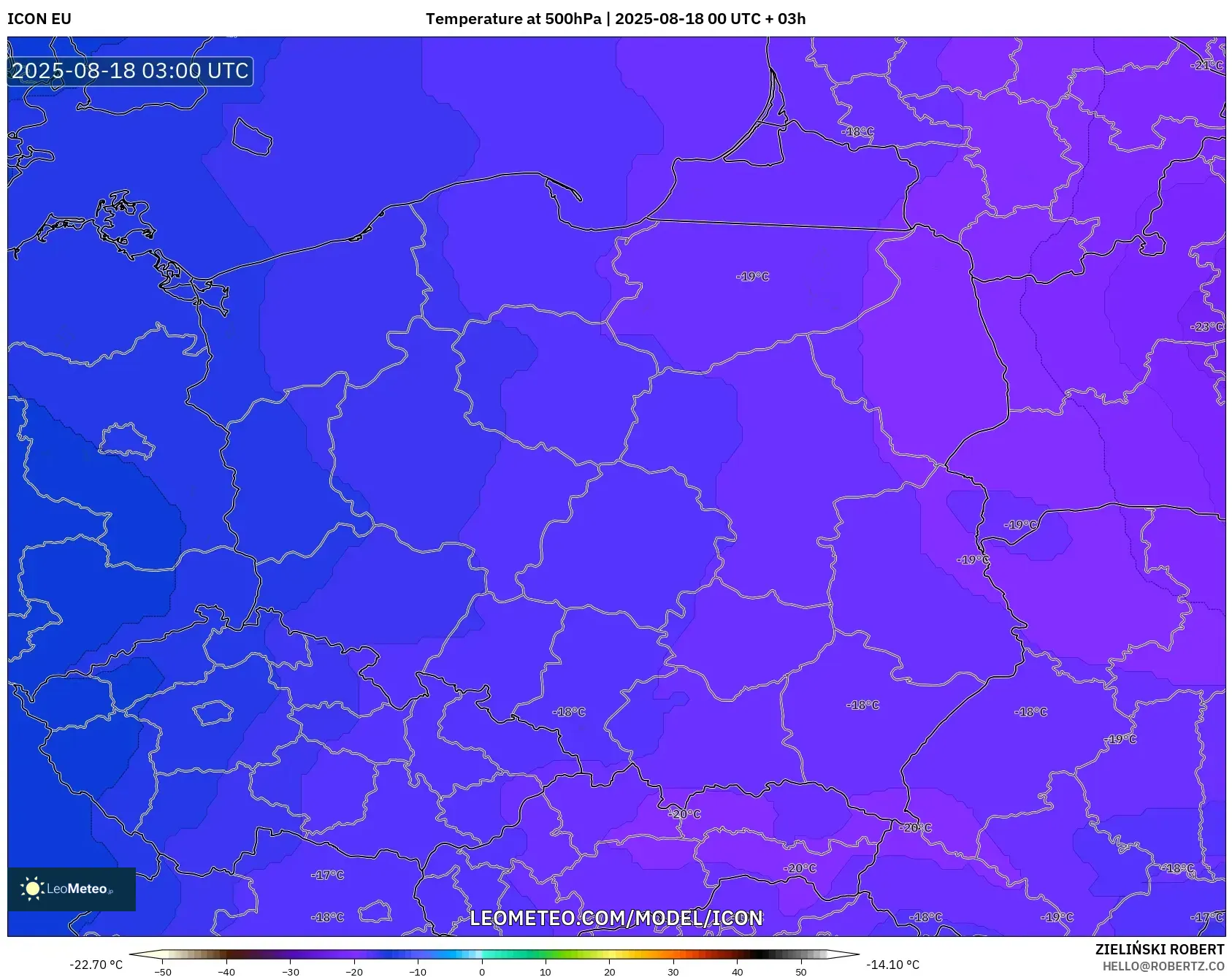 ICON model - Poland, Temperature at 500hPa