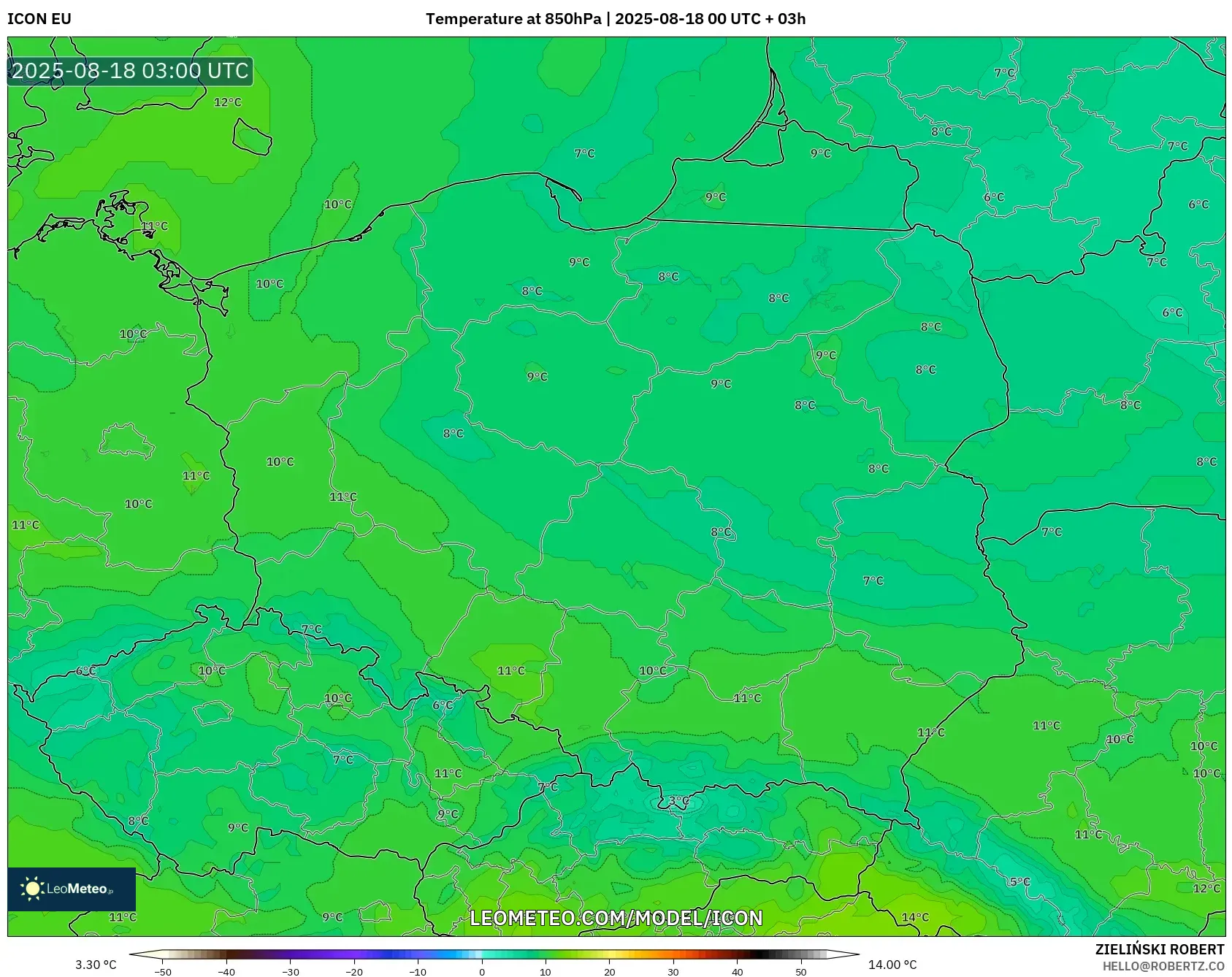 ICON model - Poland, Temperature at 850hPa ICON model - Poland, Temperature at 850hPa