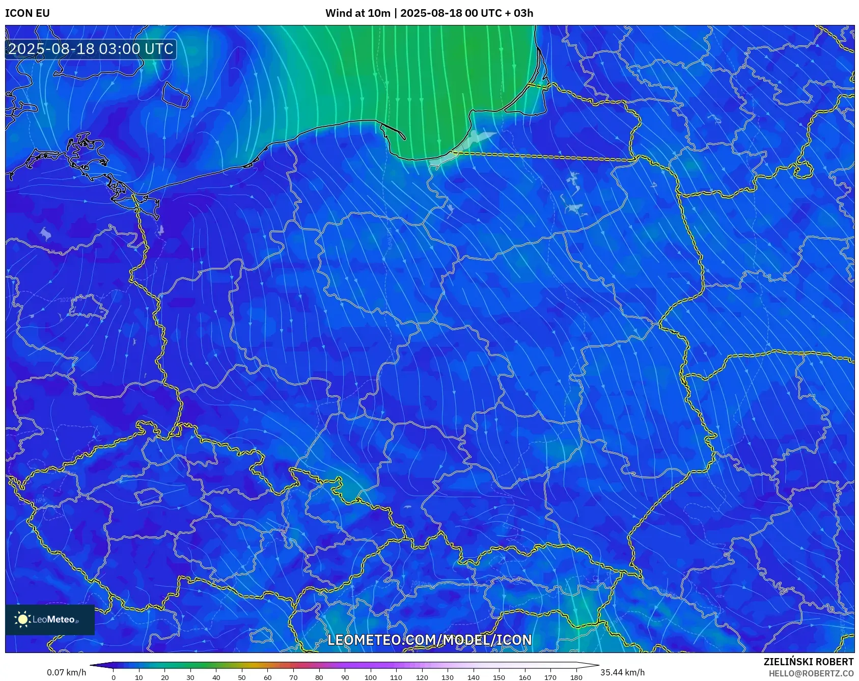 ICON model - Poland, Wind at 10m