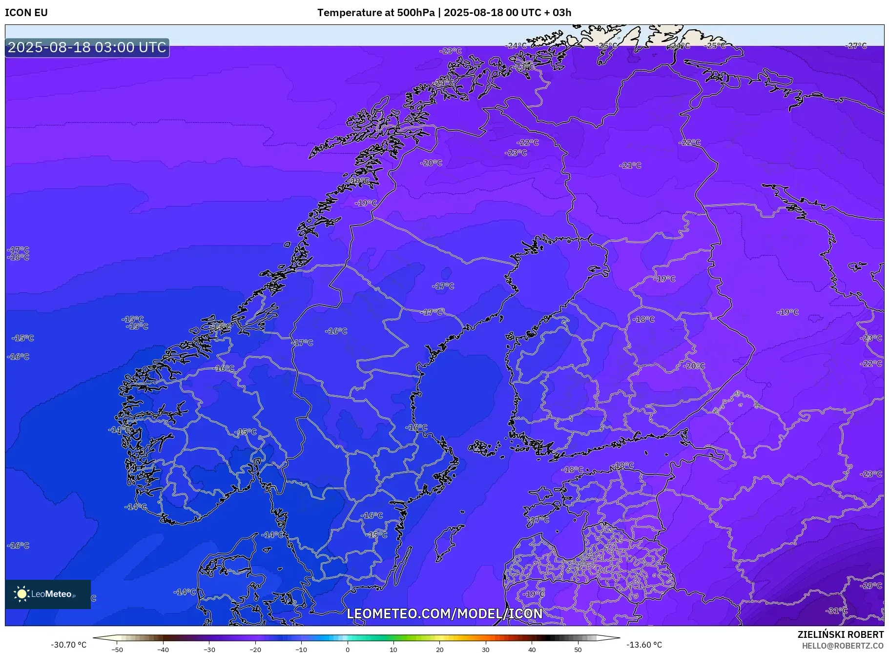 ICON model - Scandinavia, Temperature at 500hPa