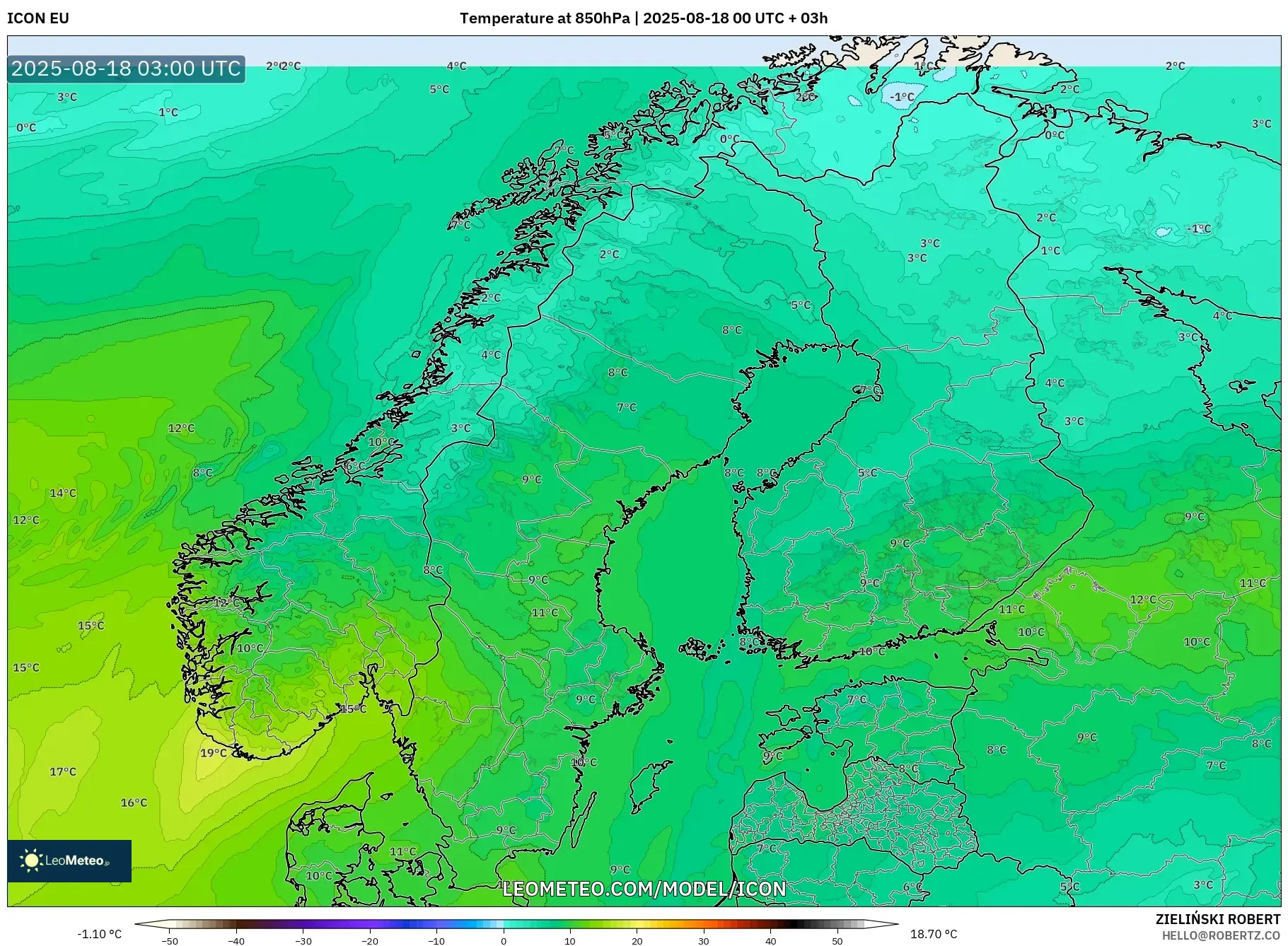 ICON model - Scandinavia, Temperature at 850hPa
