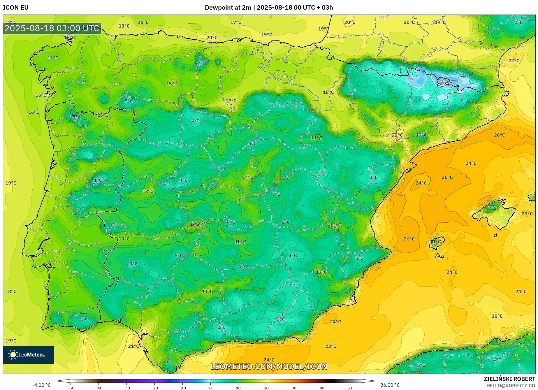 ICON model - Spain, Dewpoint at 2m