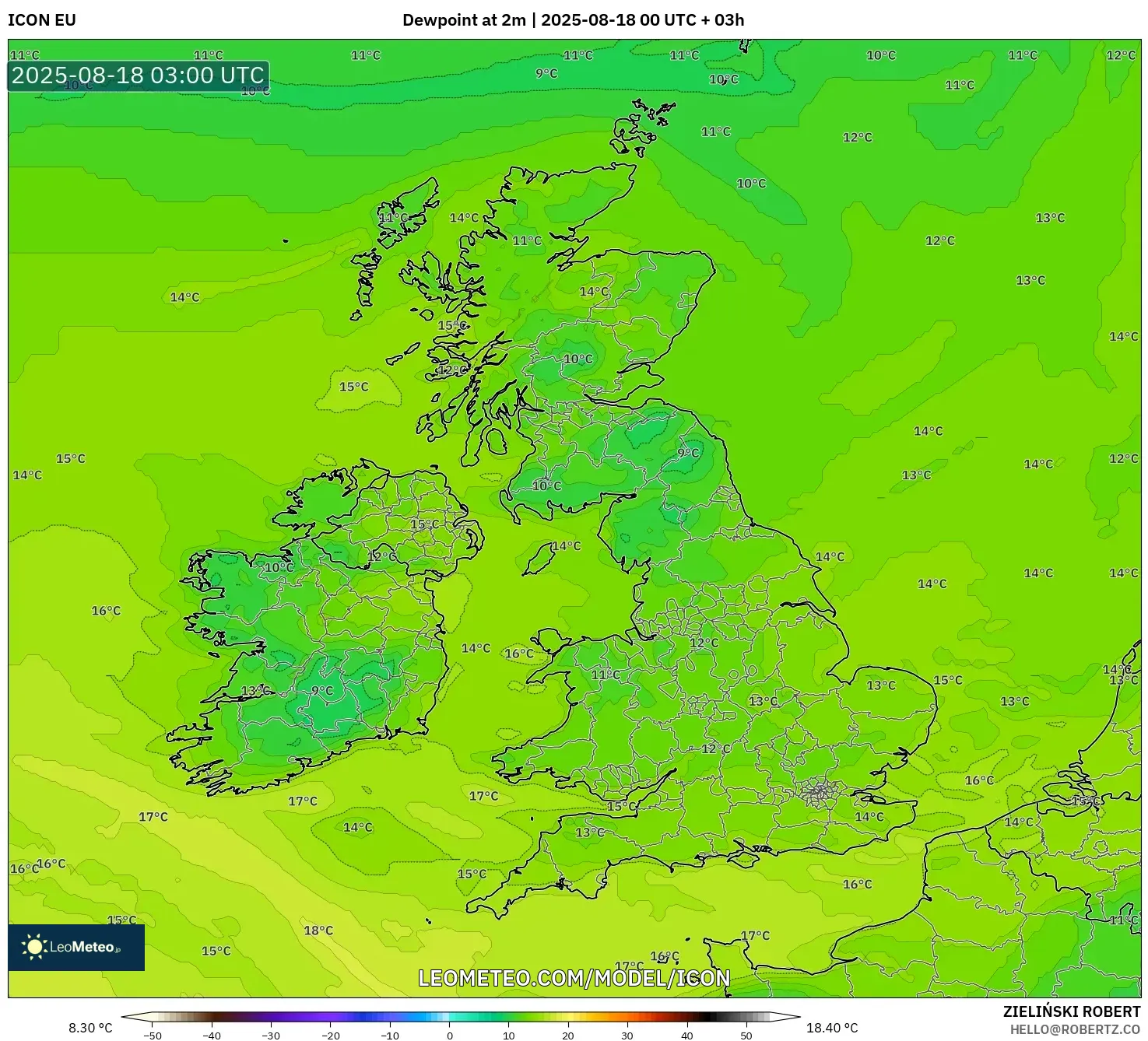 ICON model - United Kingdom, Dewpoint at 2m