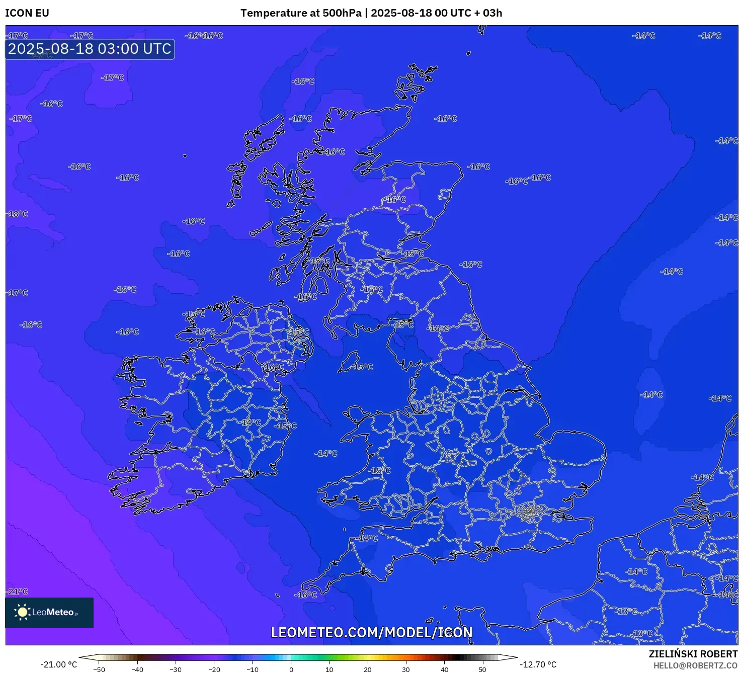 ICON model - United Kingdom, Temperature at 500hPa ICON model - United Kingdom, Temperature at 500hPa