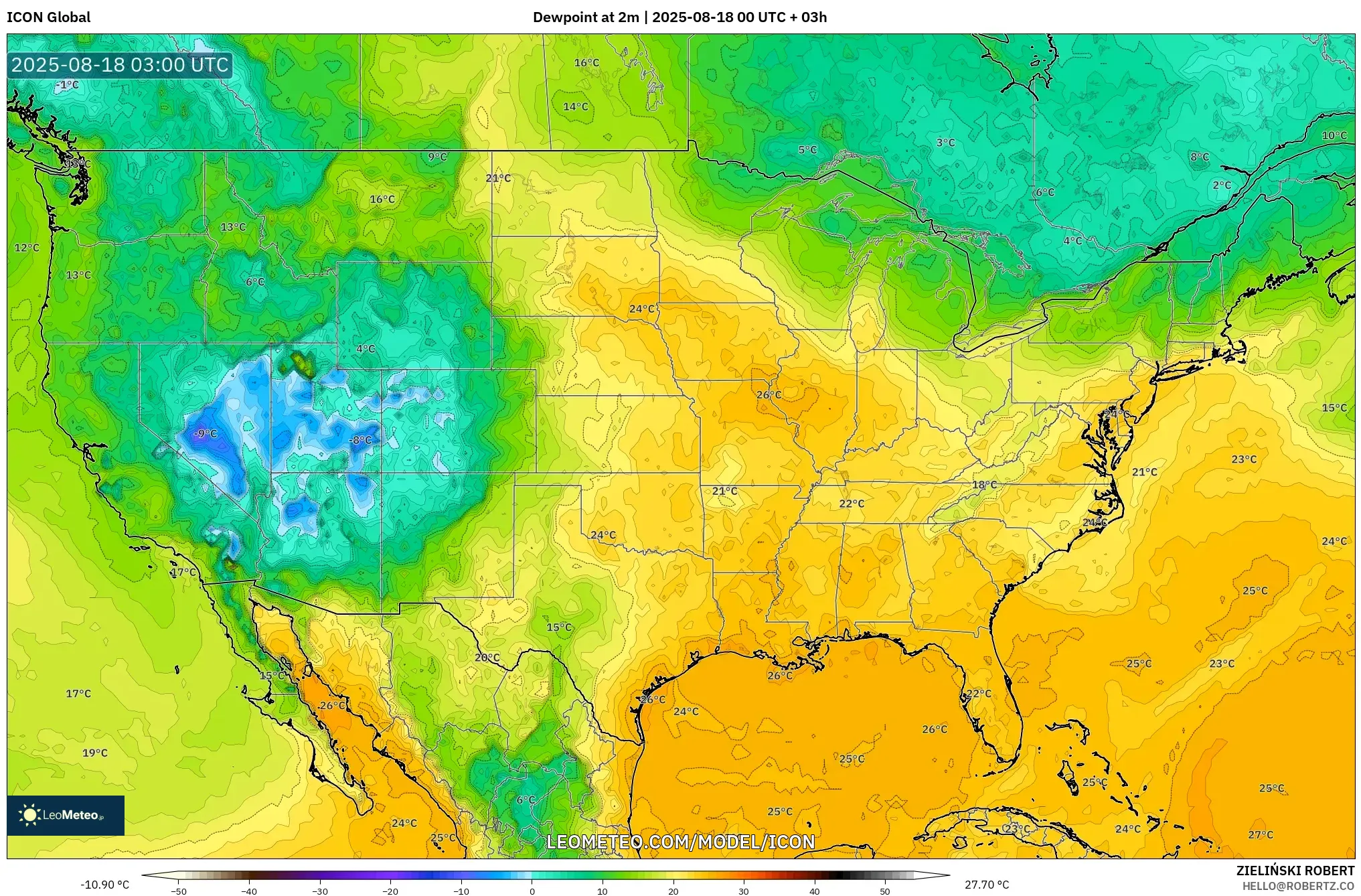 ICON model - United States, Dewpoint at 2m