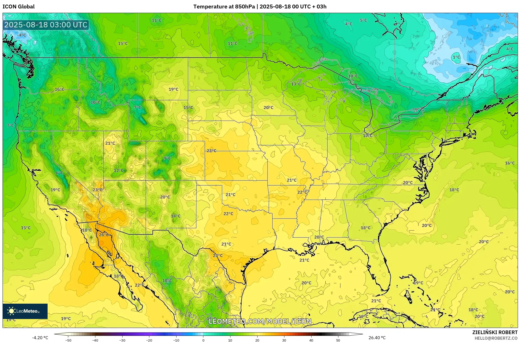 ICON model - United States, Temperature at 850hPa