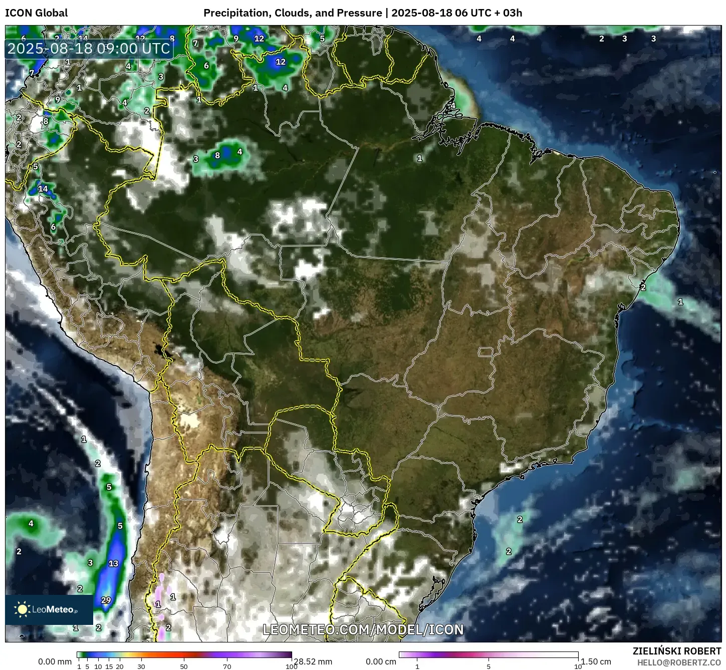 ICON model - Brazil, Precipitation, Clouds, and Pressure