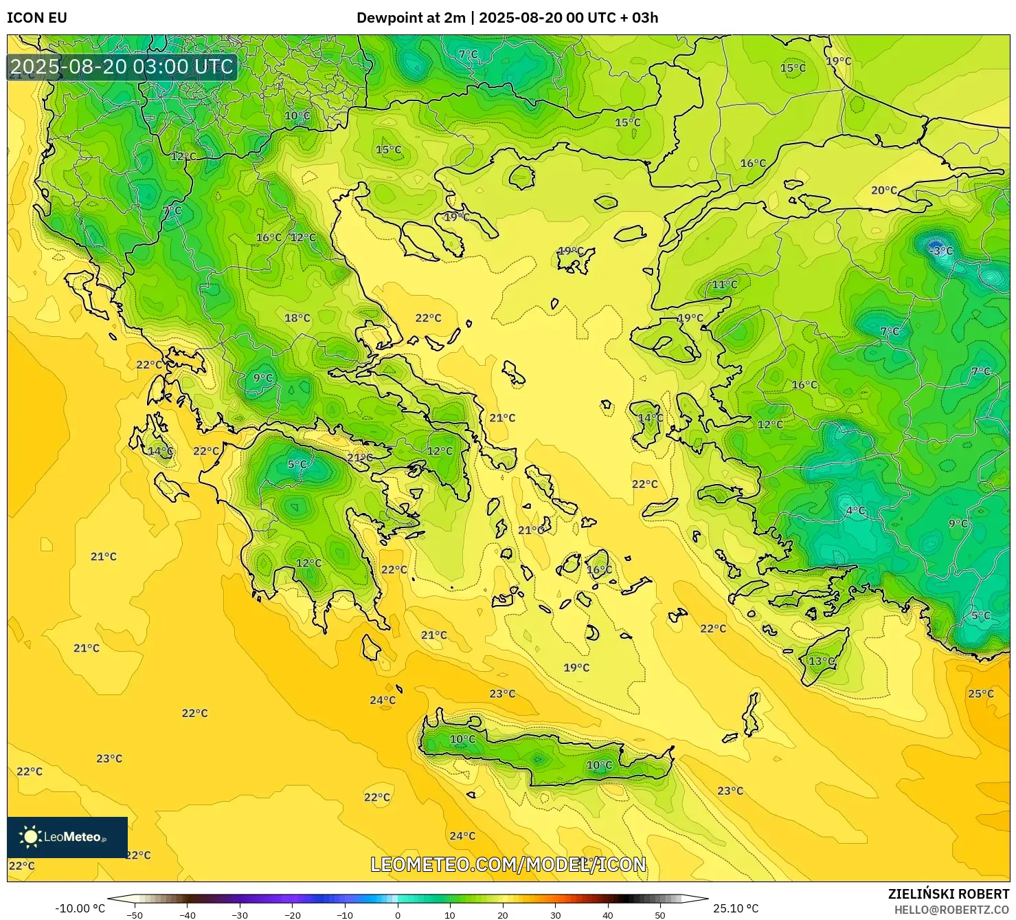 ICON model - Greece, Dewpoint at 2m