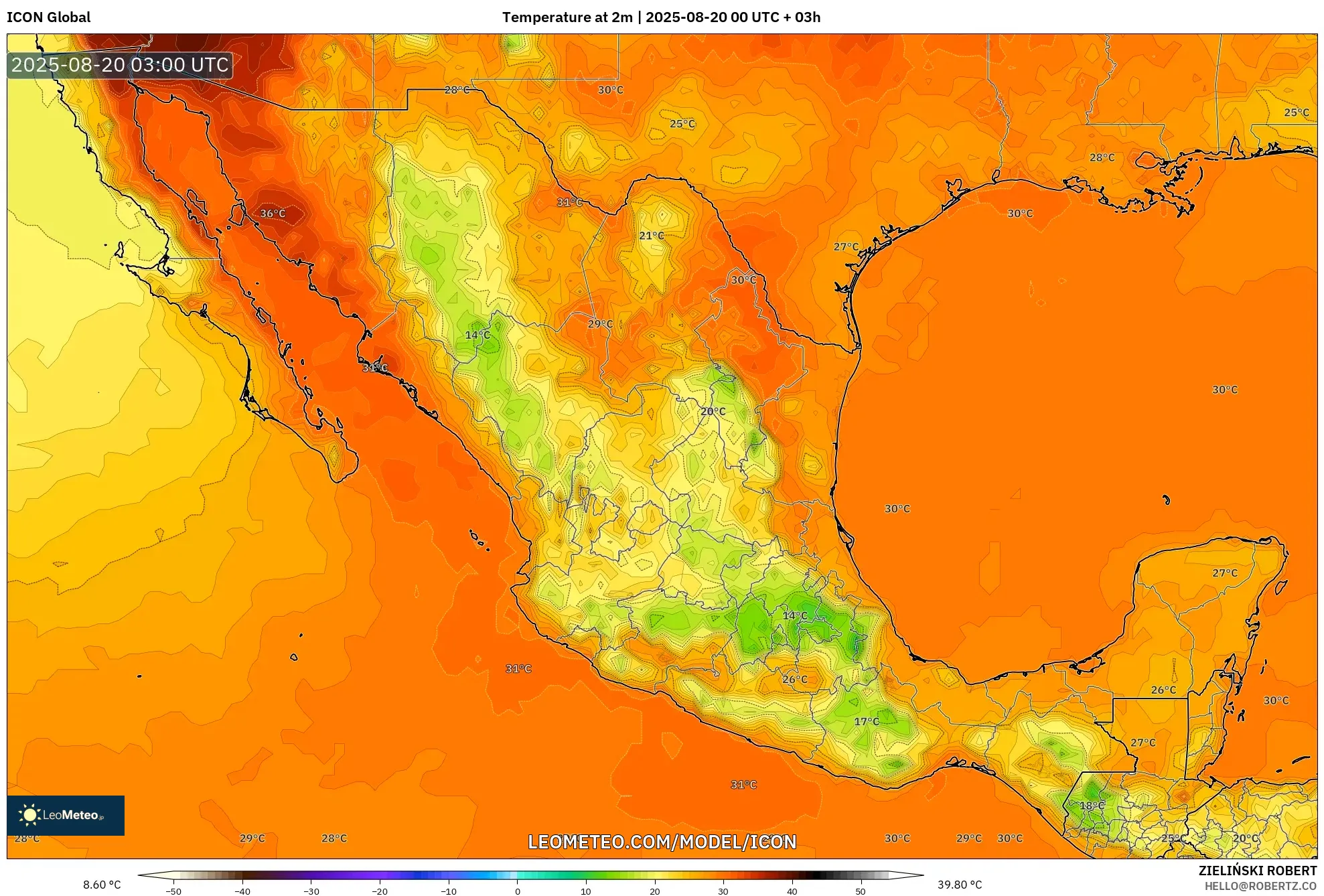 ICON model - Mexico, Temperature at 2m
