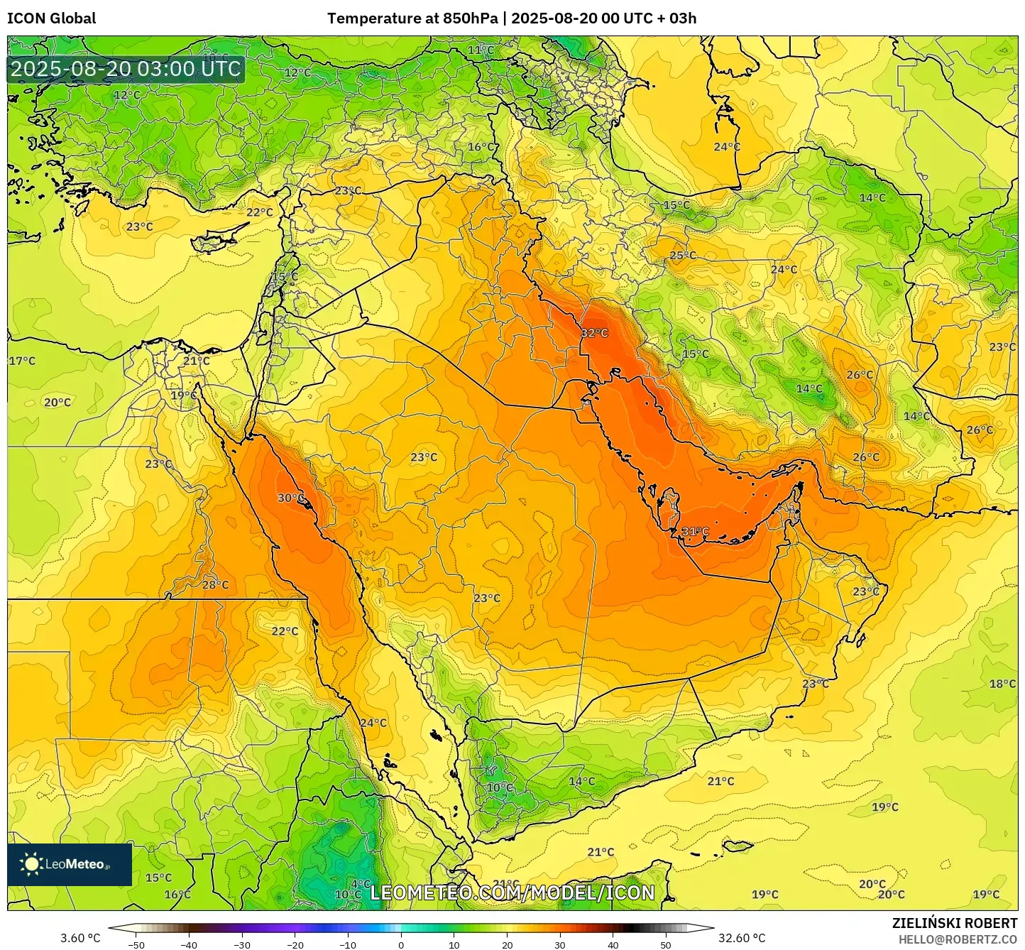 ICON model - Middle East, Temperature at 850hPa