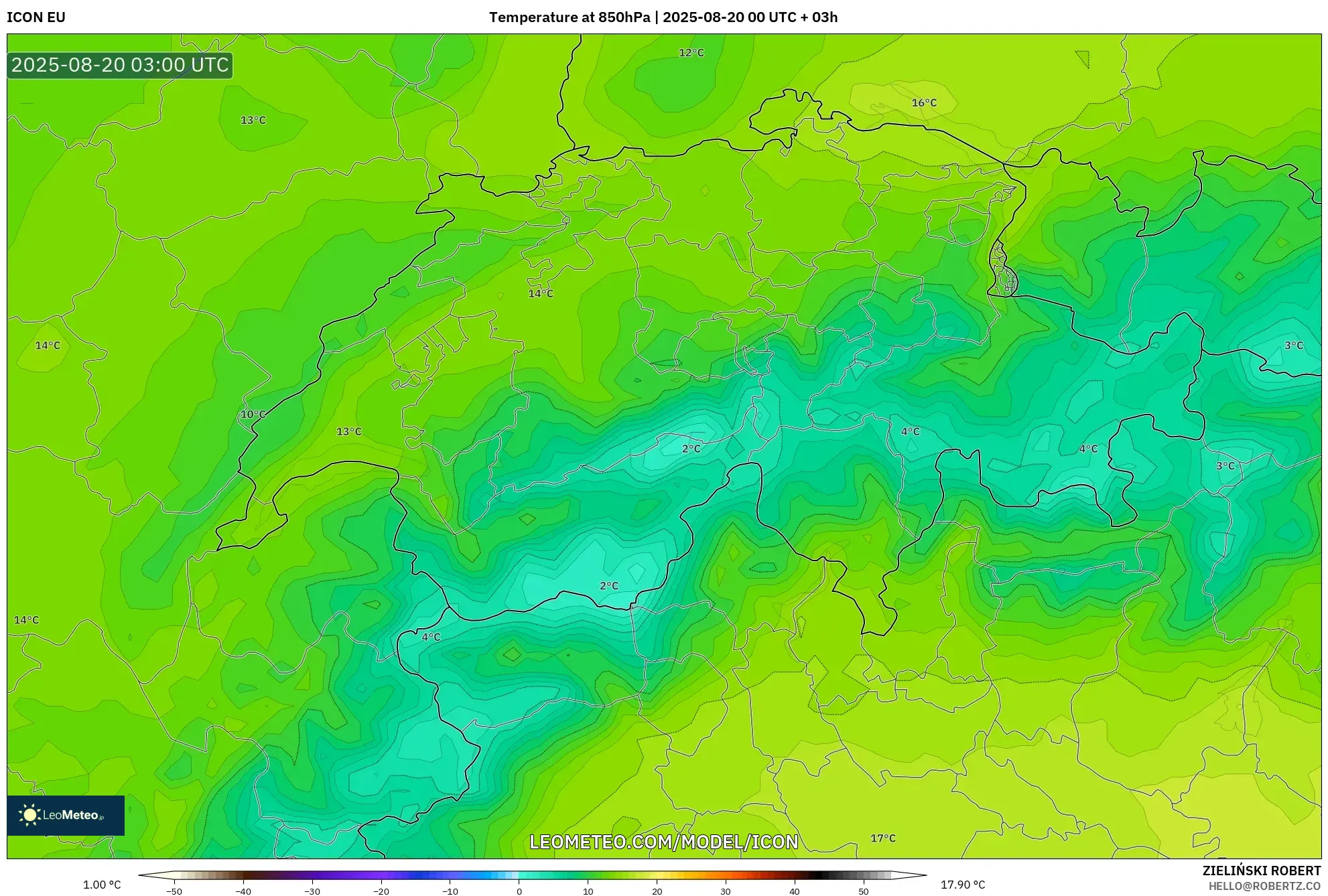 ICON model - Switzerland, Temperature at 850hPa